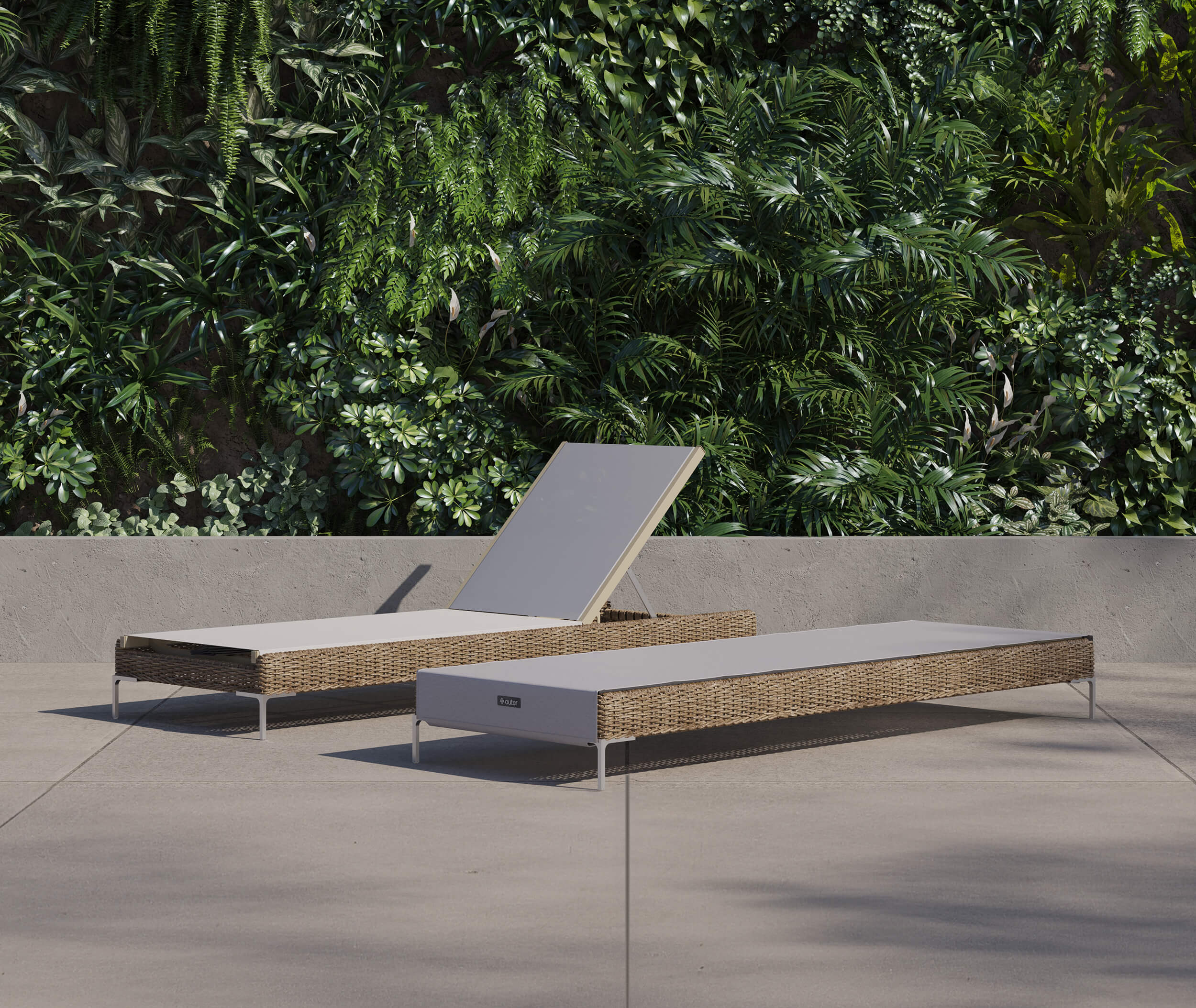 Outdoor chaise lounge chairs arranged on a patio
