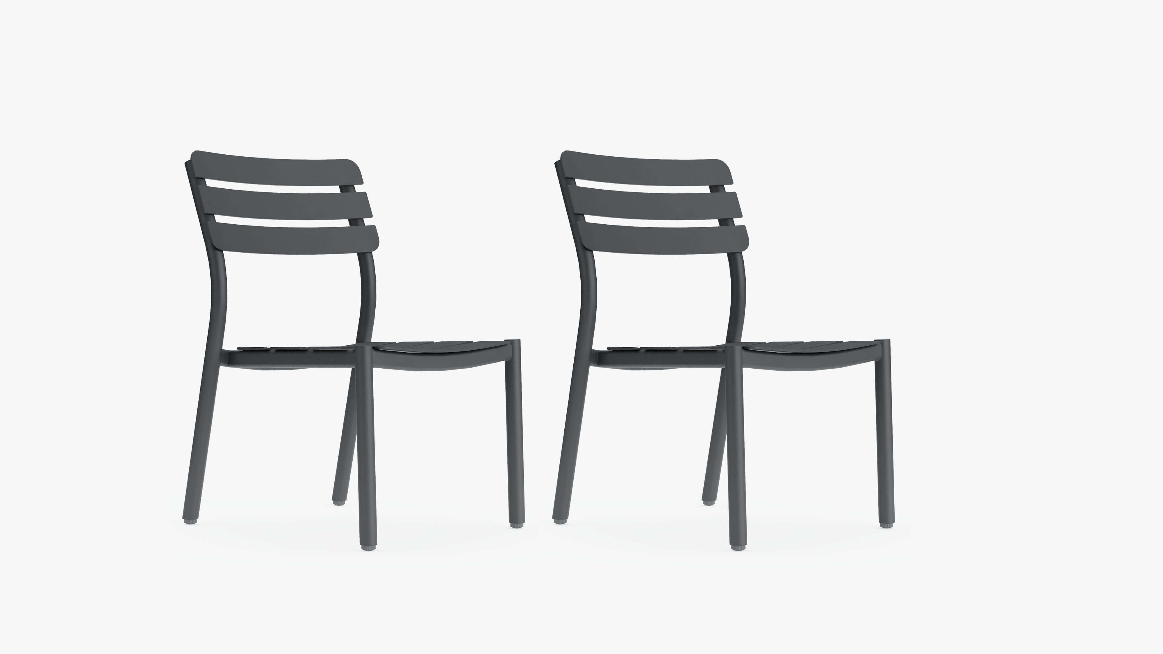 Set of two armless outdoor dining chairs with gray aluminum frame and slatted back design, front view