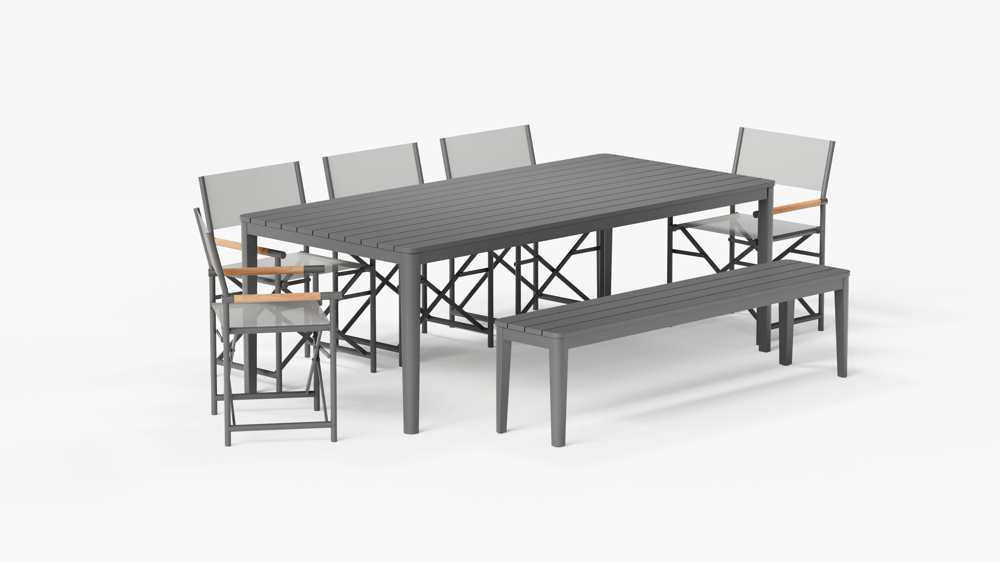 outer-outdoor dining set-Charcoal aluminum rectangular dining table with five aluminum director’s chairs and an aluminum dining bench arranged on a modern patio for outdoor entertaining