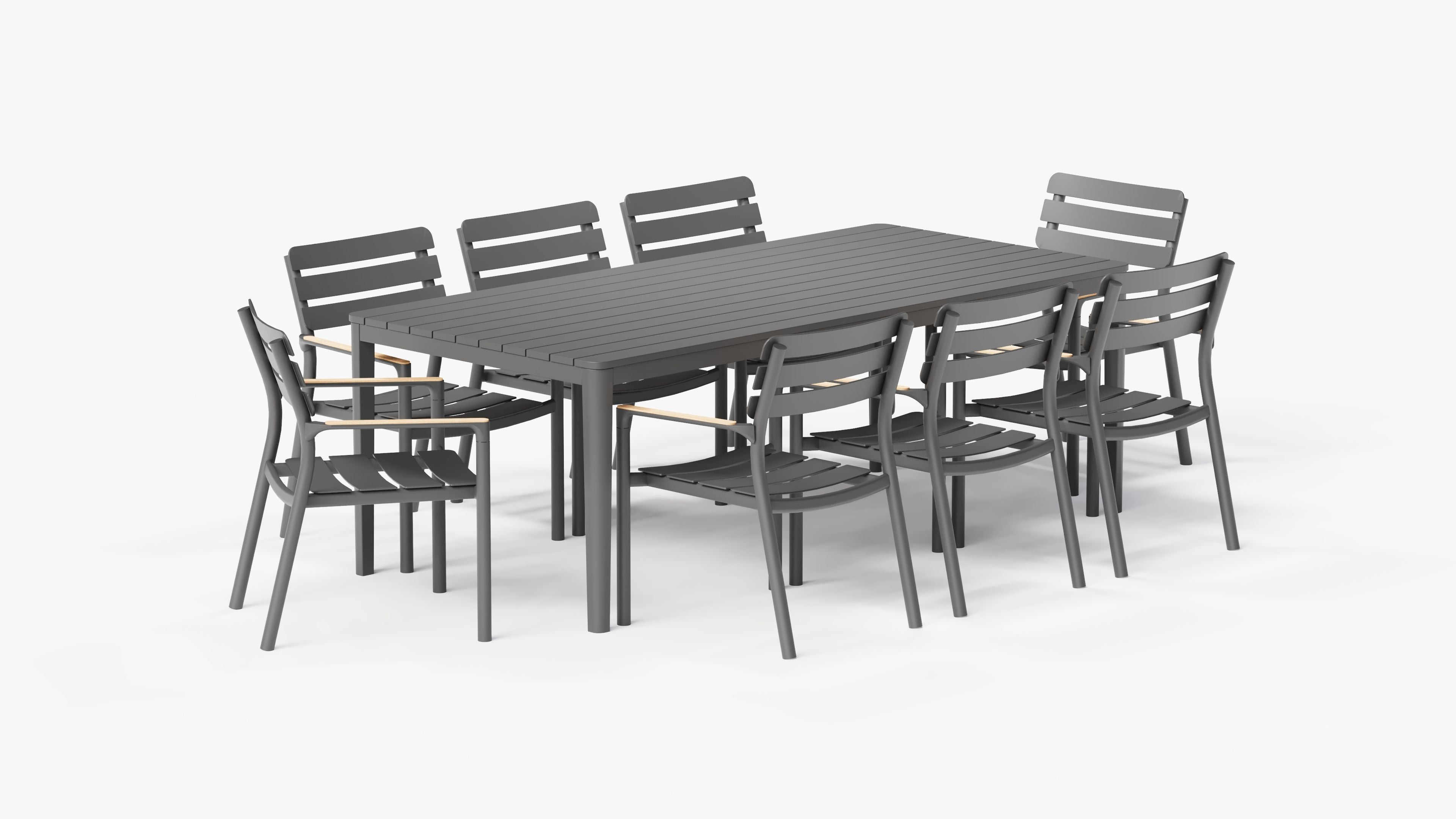 Aluminum Dining Table with 8 595 Armchairs, 3/4 view. #color_charcoal