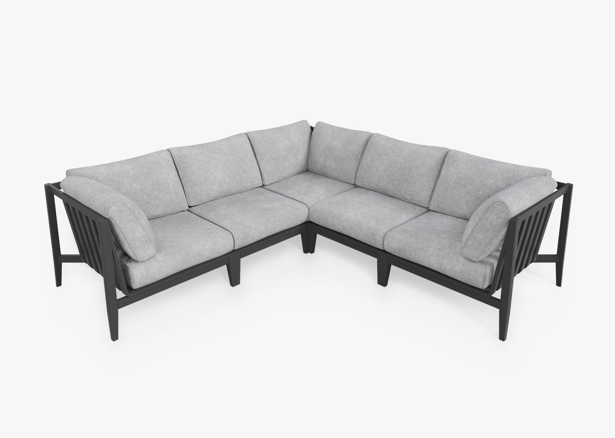 Charcoal Aluminum Outdoor Corner Sectional - 5 Seat, front. Comfortable, durable, and weather resistant outdoor seating with memory foam. #color_pacific fog gray
