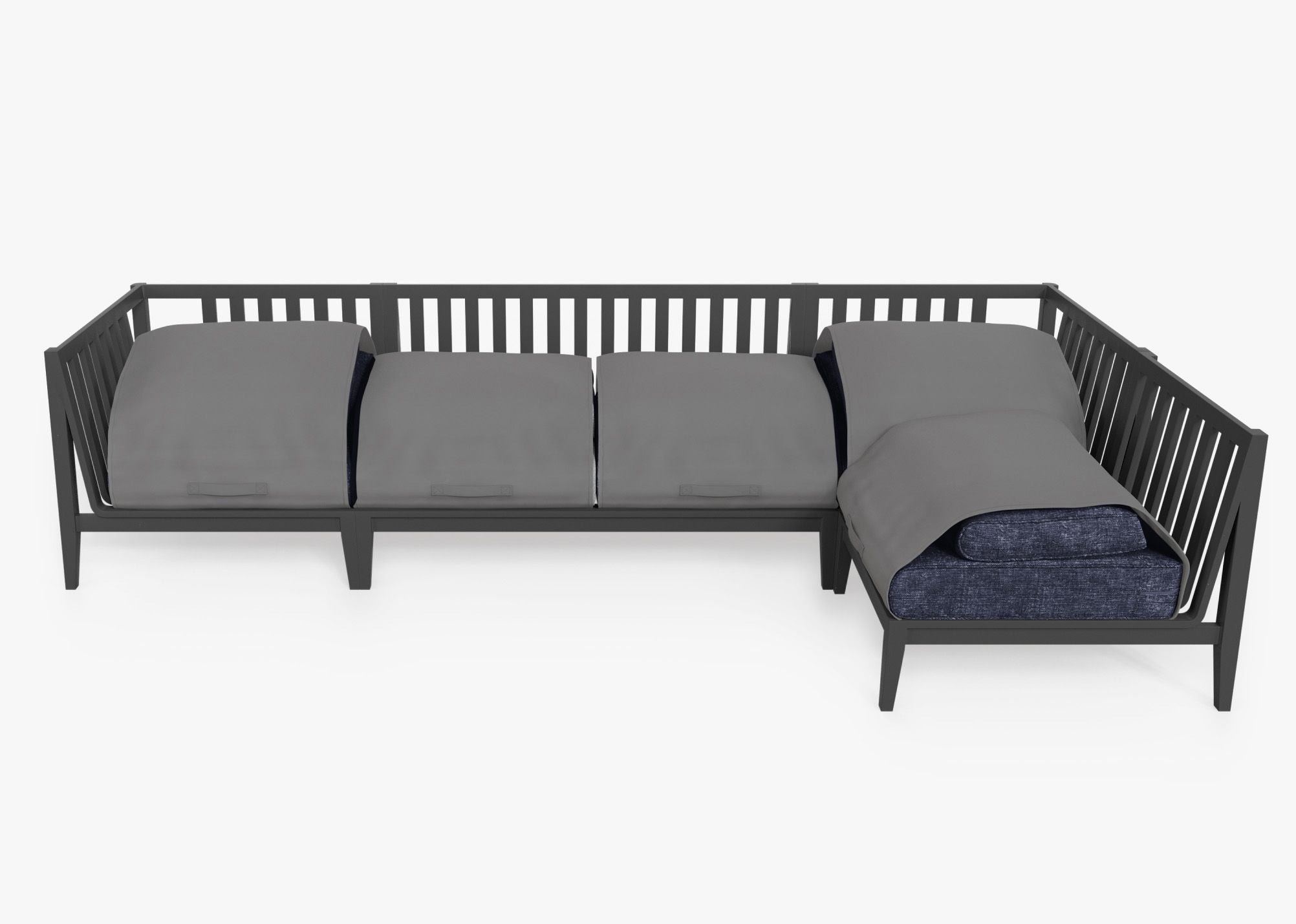 Charcoal Aluminum Outdoor L Sectional - 5 Seat shown with the OuterShell outdoor cushion cover, offering exclusive integrated protection. #color_deep sea navy