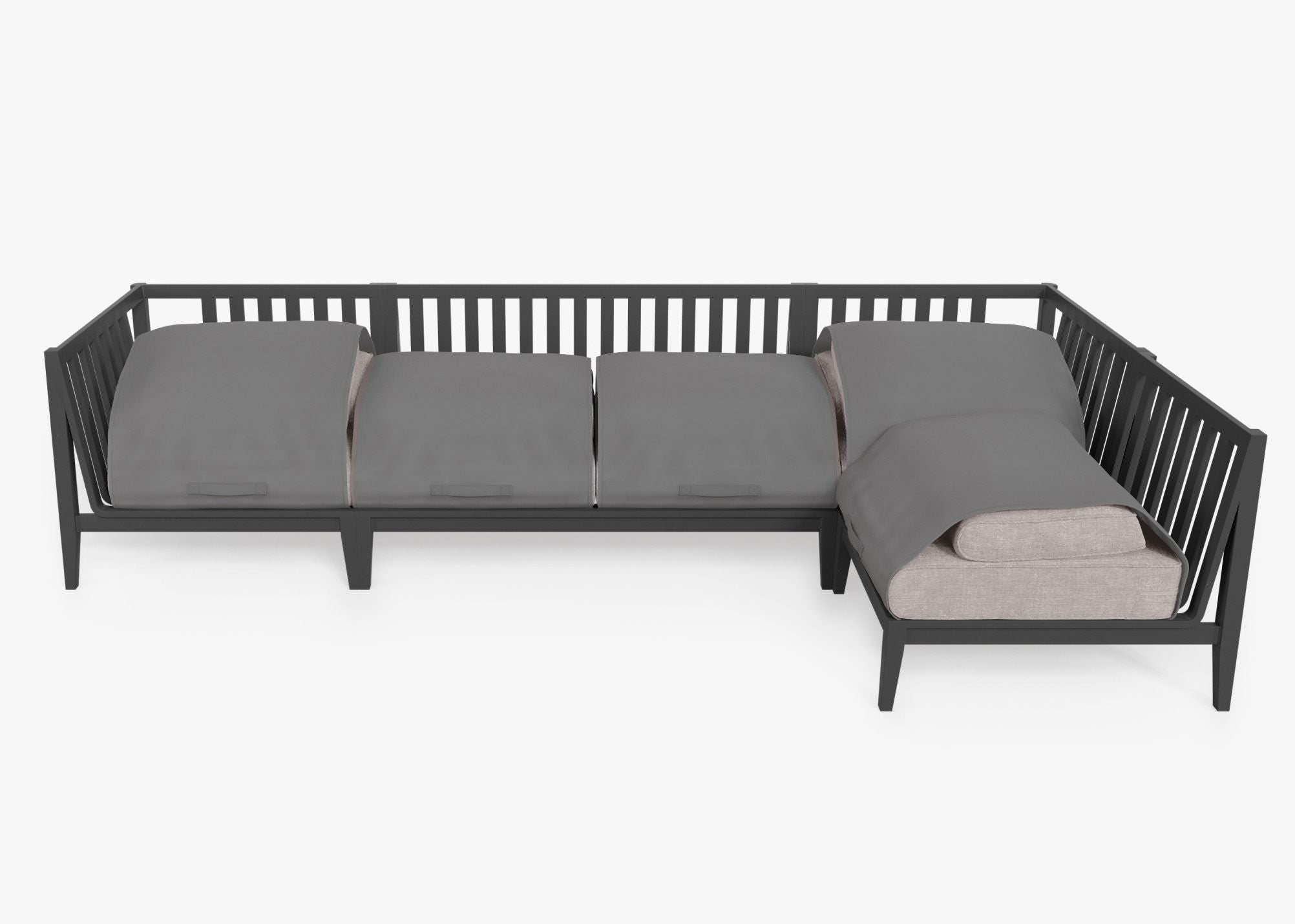 Charcoal Aluminum Outdoor L Sectional - 5 Seat shown with the OuterShell outdoor cushion cover, offering exclusive integrated protection. #color_sandstone gray