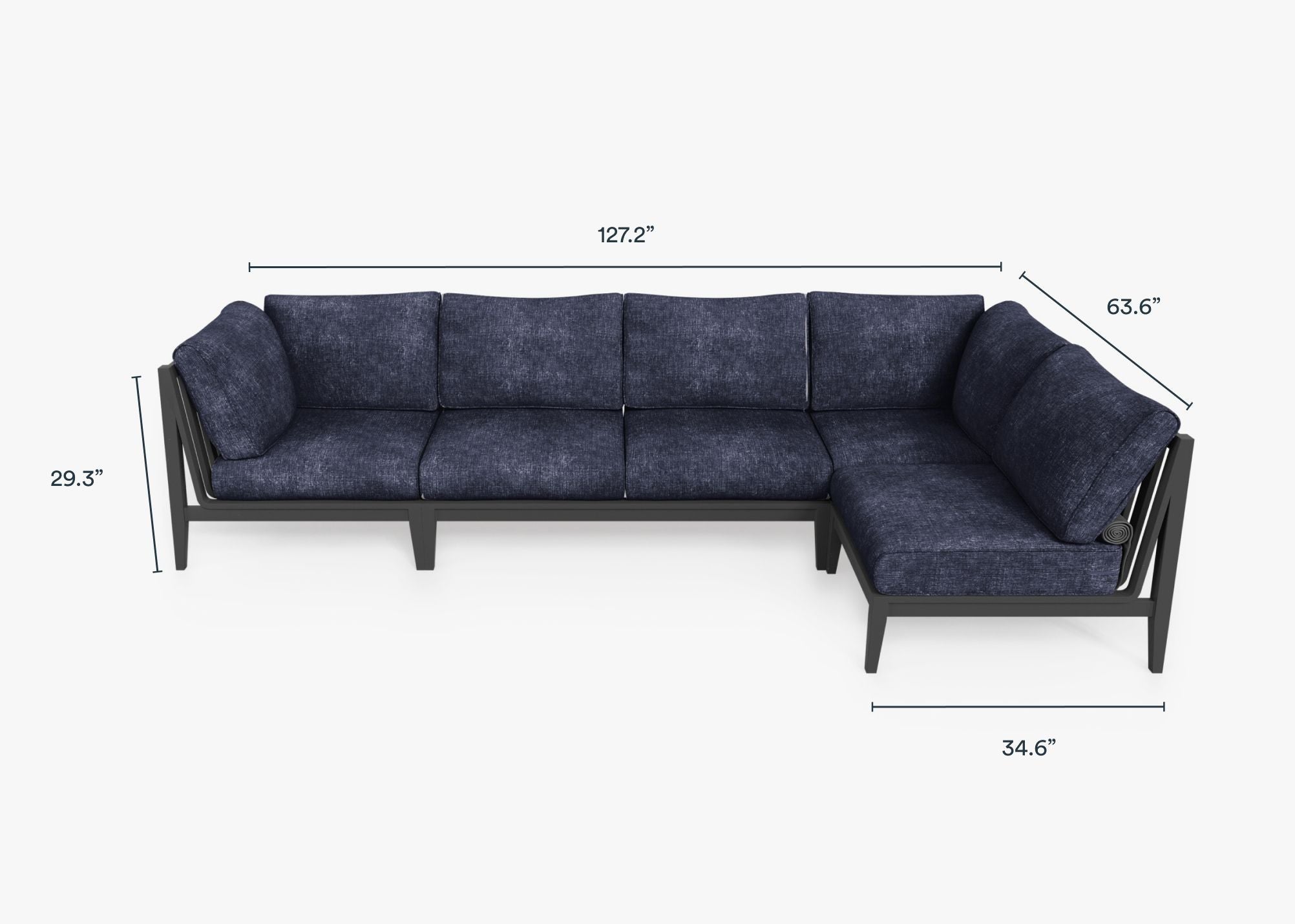 Charcoal Aluminum Outdoor L Sectional - 5 Seat dimensions in inches, also listed under Dimensions and Weights. #color_deep sea navy