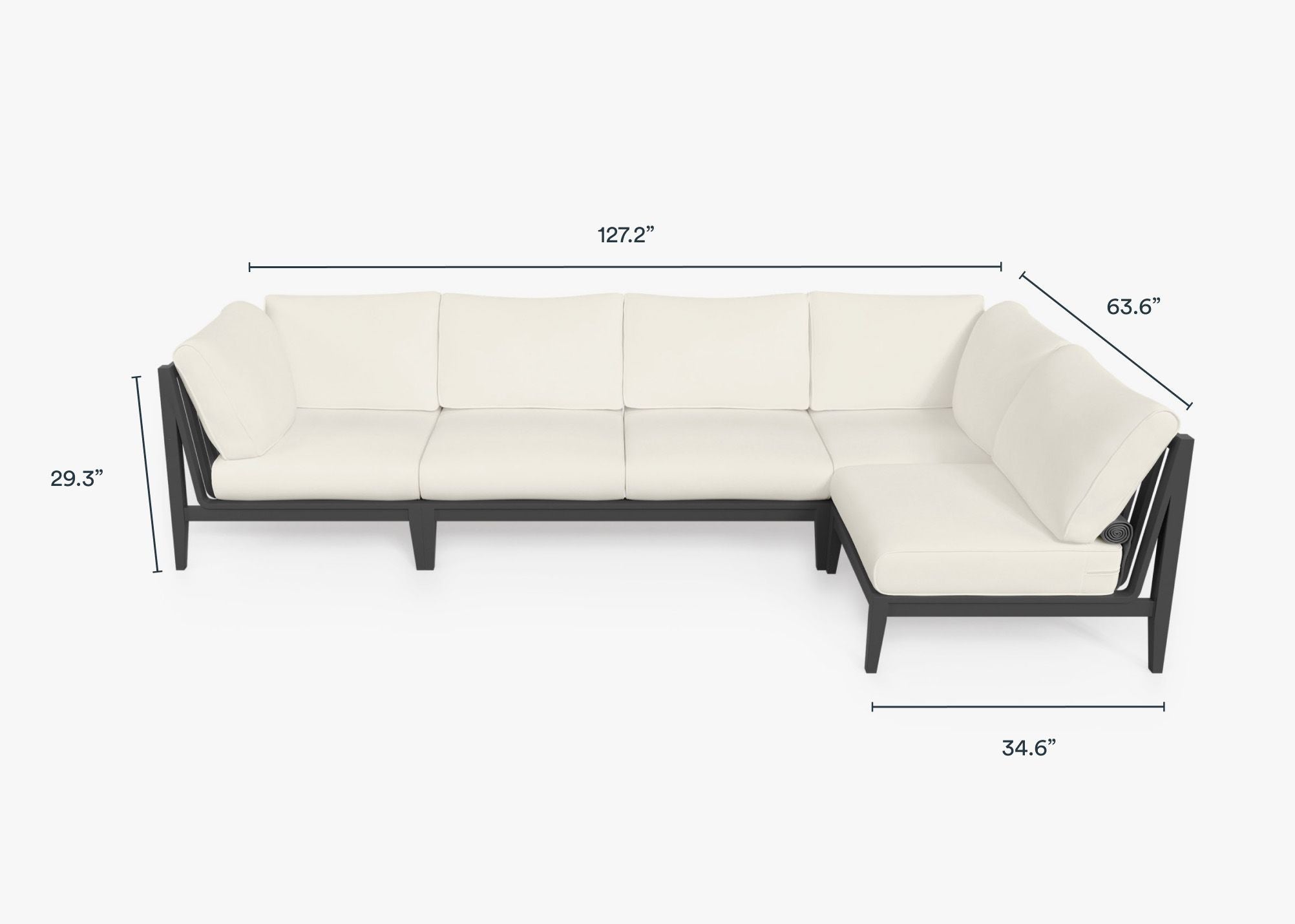 Charcoal Aluminum Outdoor L Sectional - 5 Seat dimensions in inches, also listed under Dimensions and Weights. #color_palisades cream
