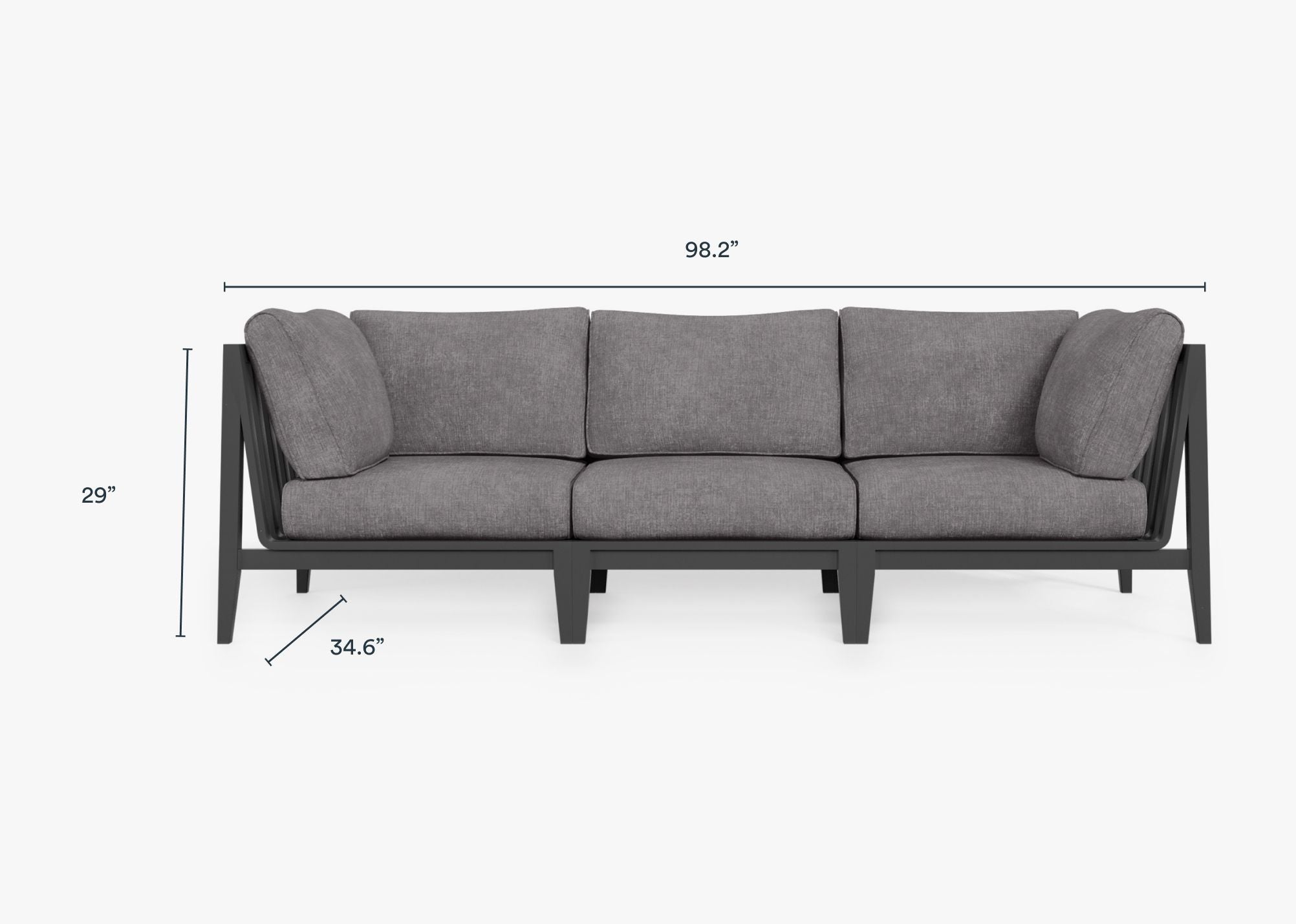Charcoal Aluminum Outdoor Sofa - 3 Seat dimensions in inches, also listed under Dimensions and Weights. #color_dark pebble gray