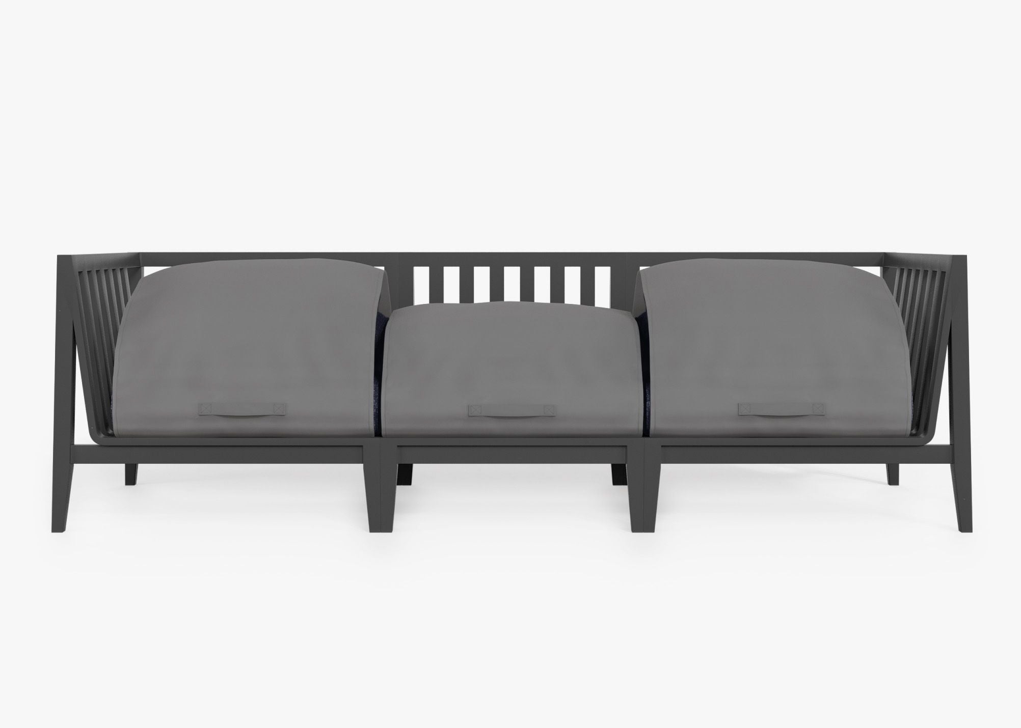 Charcoal Aluminum Outdoor Sofa - 3 Seat shown with the OuterShell outdoor cushion cover, offering exclusive integrated protection. #color_deep sea navy