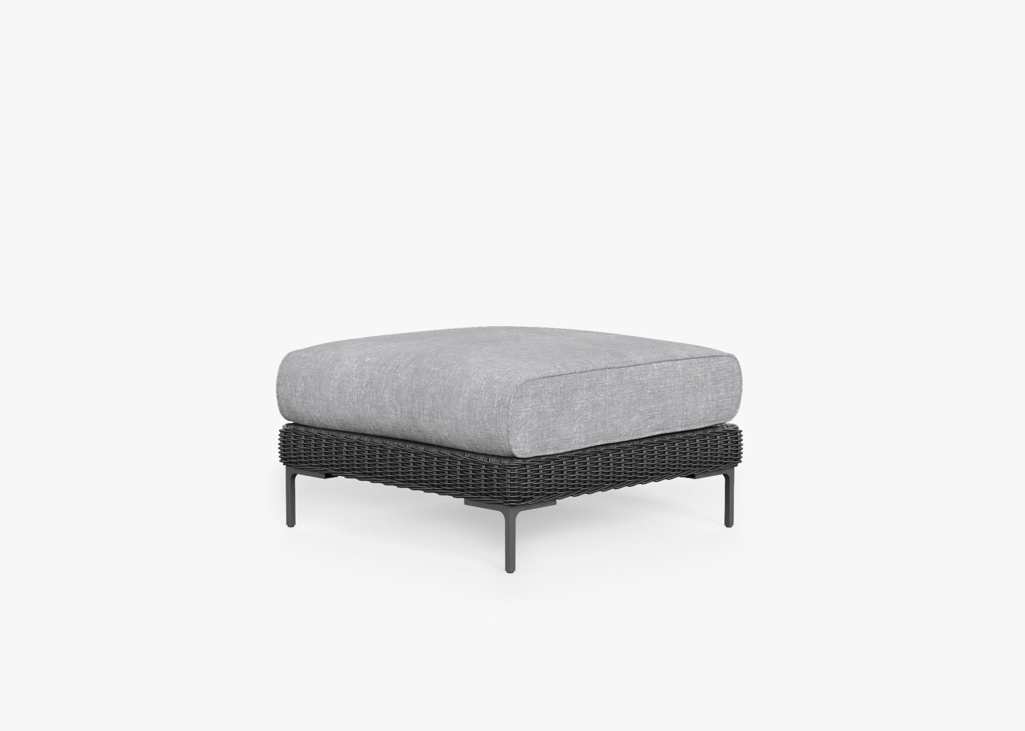 Black Wicker Outdoor Ottoman, front. Comfortable, durable, and weather resistant outdoor seating with memory foam. #color_pacific fog gray