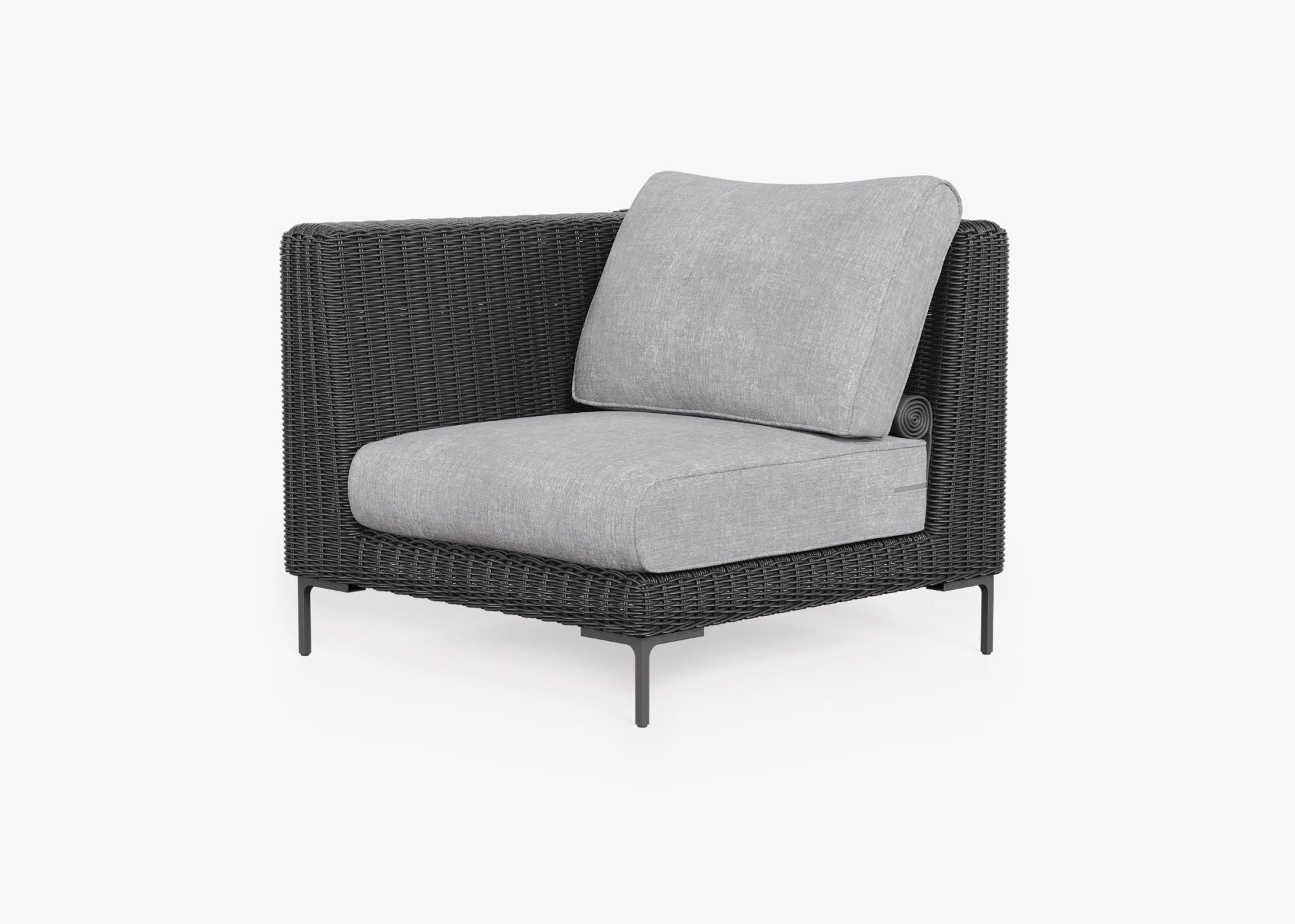 Black Wicker Outdoor Corner Chair - Left/Right, front. Comfortable, durable, and weather resistant outdoor seating with memory foam. #color_pacific fog gray