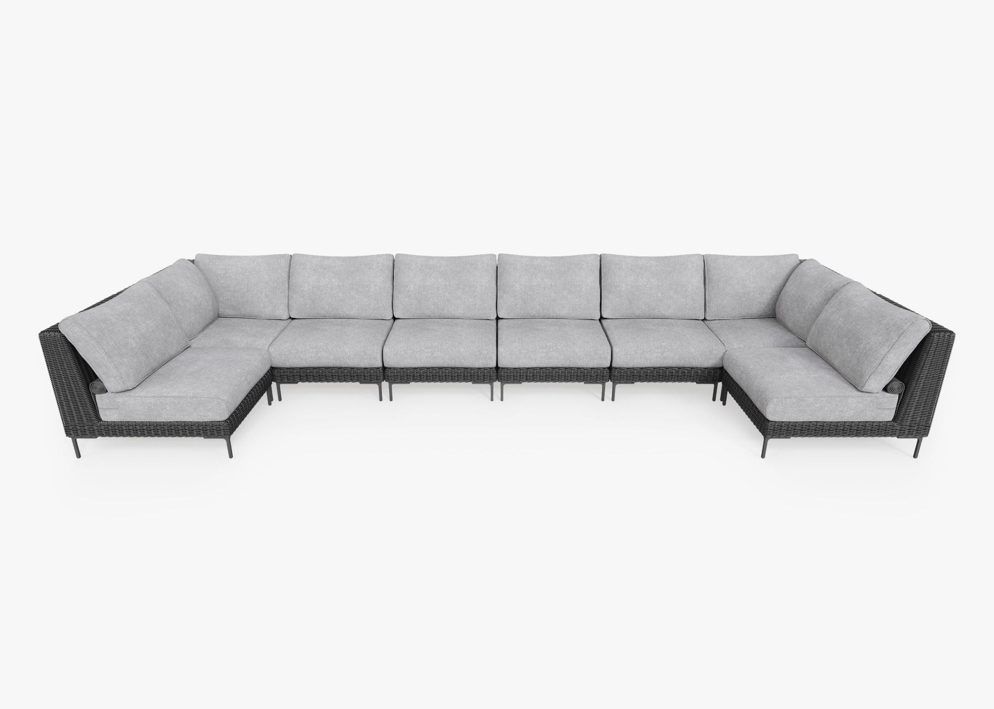 Black Wicker Outdoor U Sectional - 8 Seat, front. Comfortable, durable, and weather resistant outdoor seating with memory foam. #color_pacific fog gray