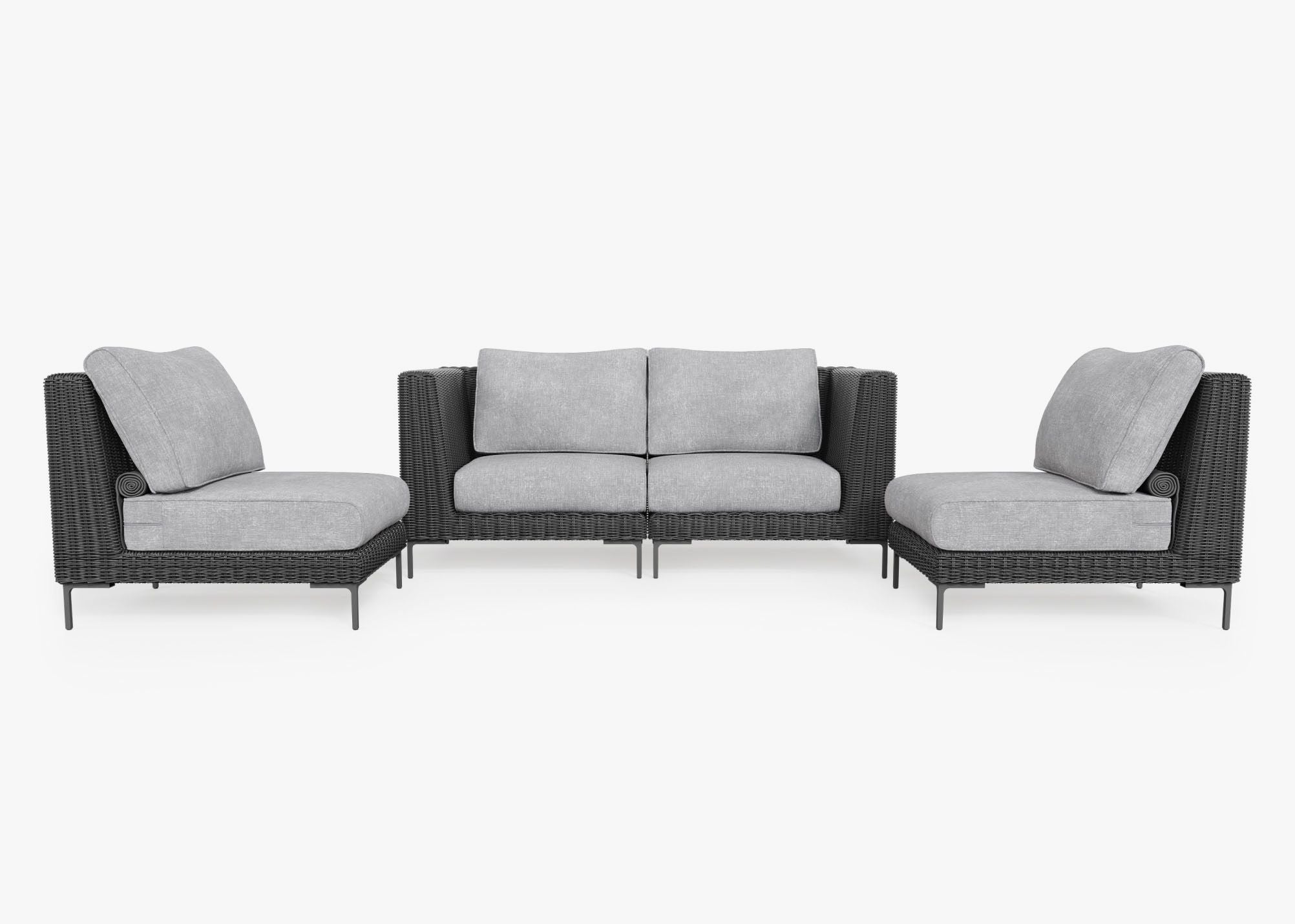 Black Wicker Outdoor Loveseat with Armless Chairs - 4 Seat, front. Comfortable, durable, and weather resistant outdoor seating with memory foam. #color_pacific fog gray