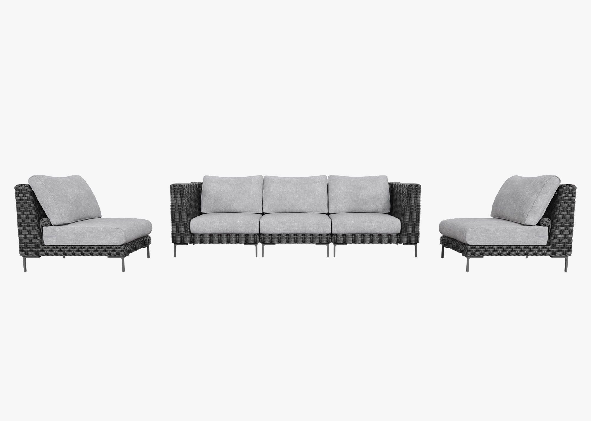 Black Wicker Outdoor Sofa with Armless Chairs - 5 Seat, front. Comfortable, durable, and weather resistant outdoor seating with memory foam. #color_pacific fog gray