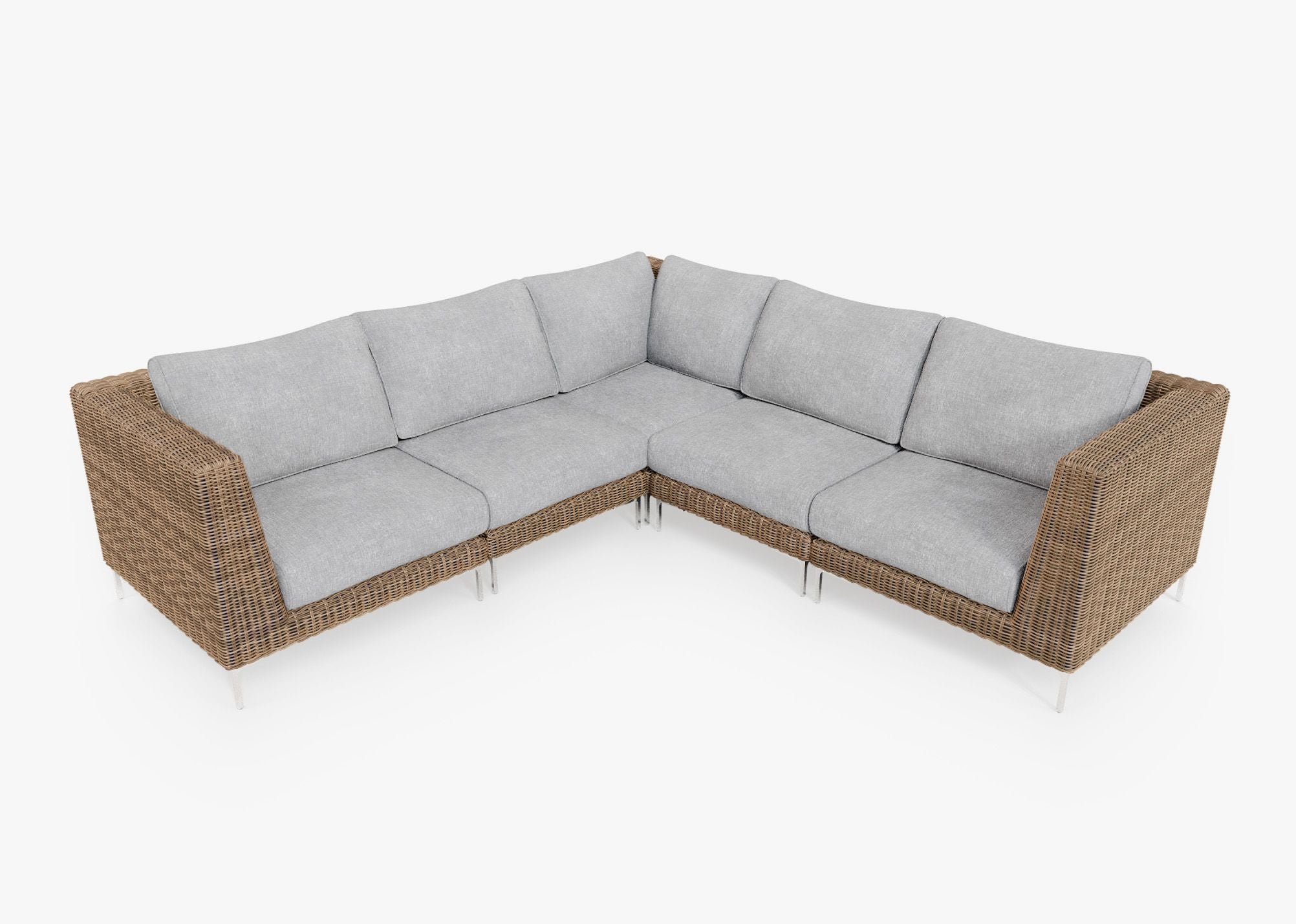 Brown Wicker Outdoor Corner Sectional - 5 Seat, front. Comfortable, durable, and weather resistant outdoor seating with memory foam. #color_pacific fog gray