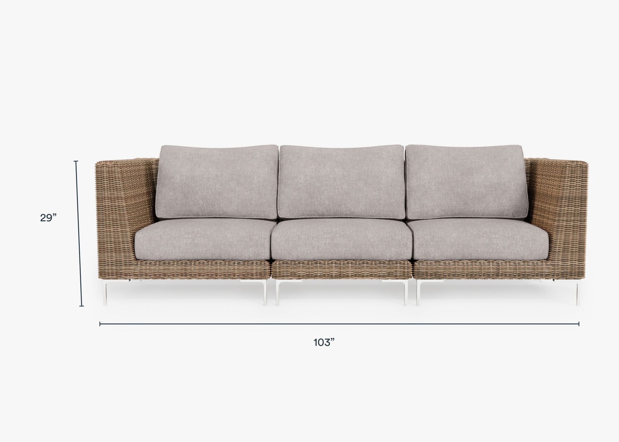 Brown Wicker Outdoor Sofa - 3 Seat dimensions in inches, also listed under Dimensions and Weights. #color_sandstone gray