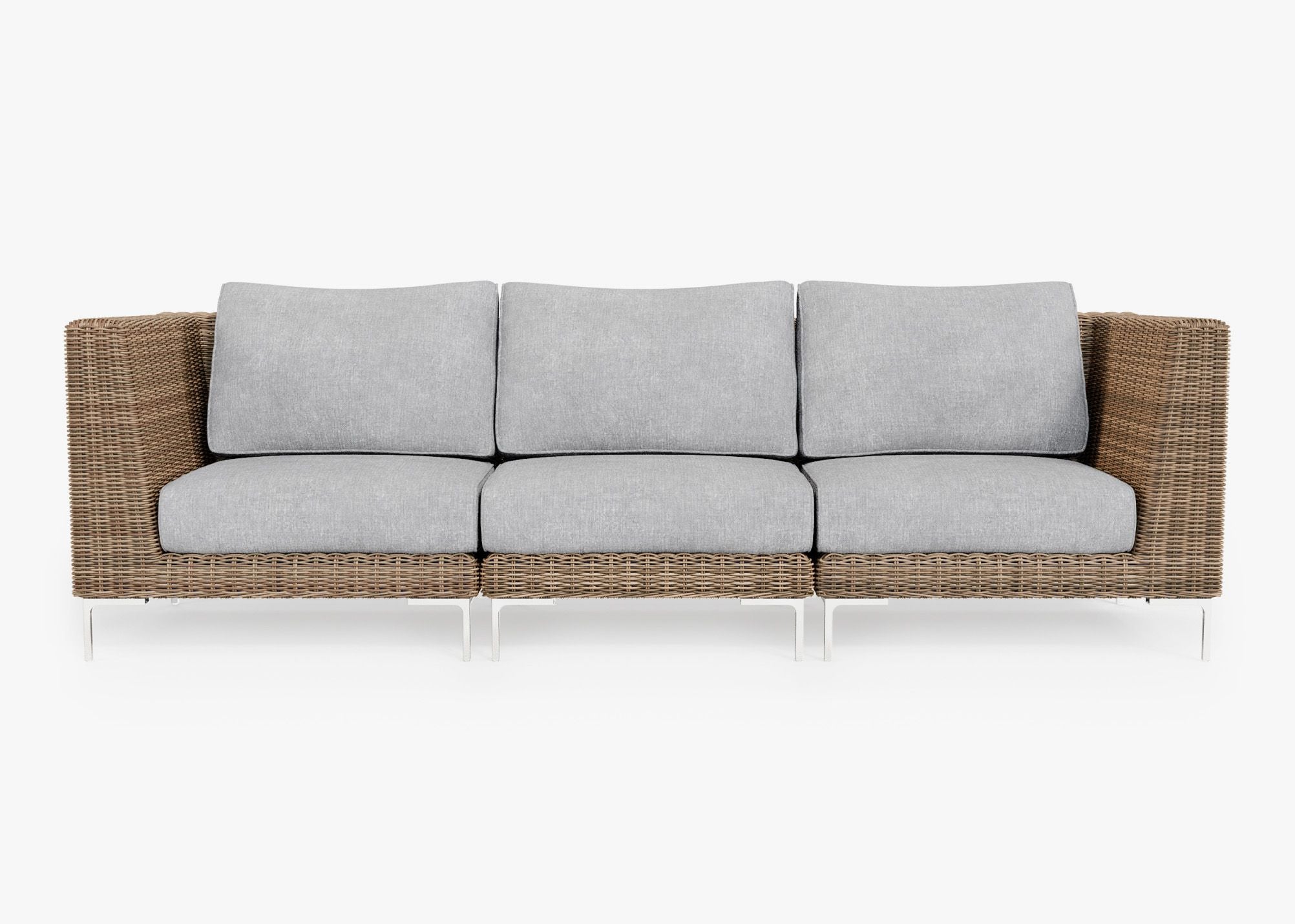 Brown wicker outdoor three-seat sofa with gray seat and back cushions, front view on a white background.
