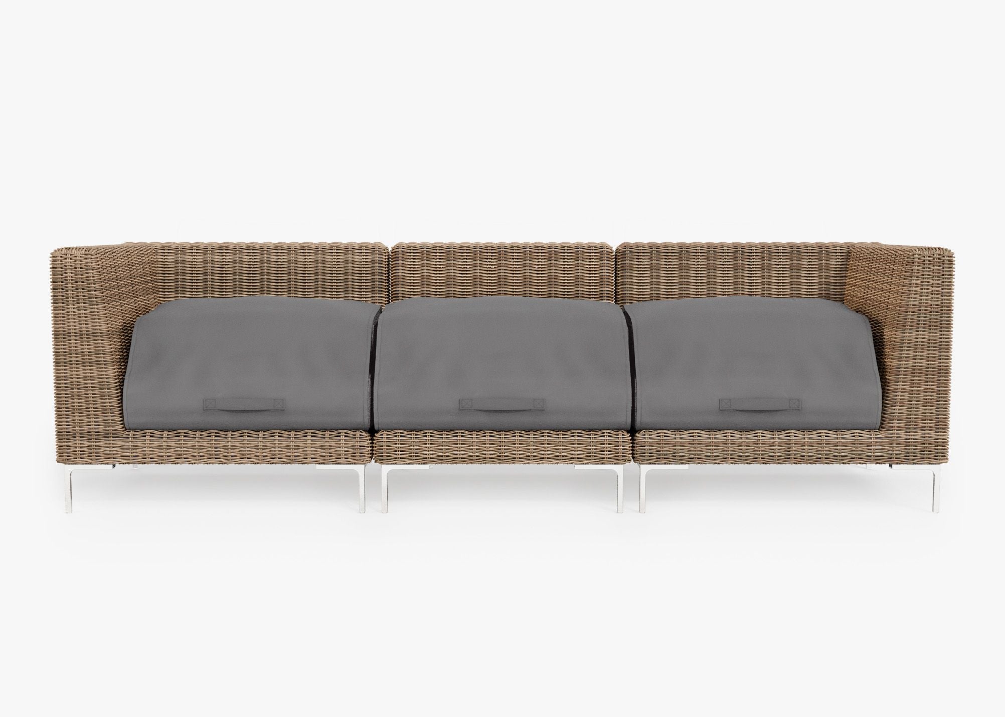 Brown Wicker Outdoor Sofa - 3 Seat shown with the OuterShell outdoor cushion cover, offering exclusive integrated protection. #color_sandstone gray