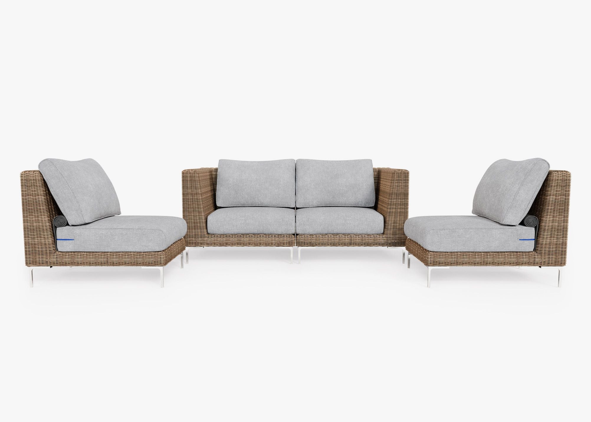 Brown Wicker Outdoor Loveseat with Armless Chairs - 4 Seat, front. Comfortable, durable, and weather resistant outdoor seating with memory foam. #cushion_color_pacific fog gray