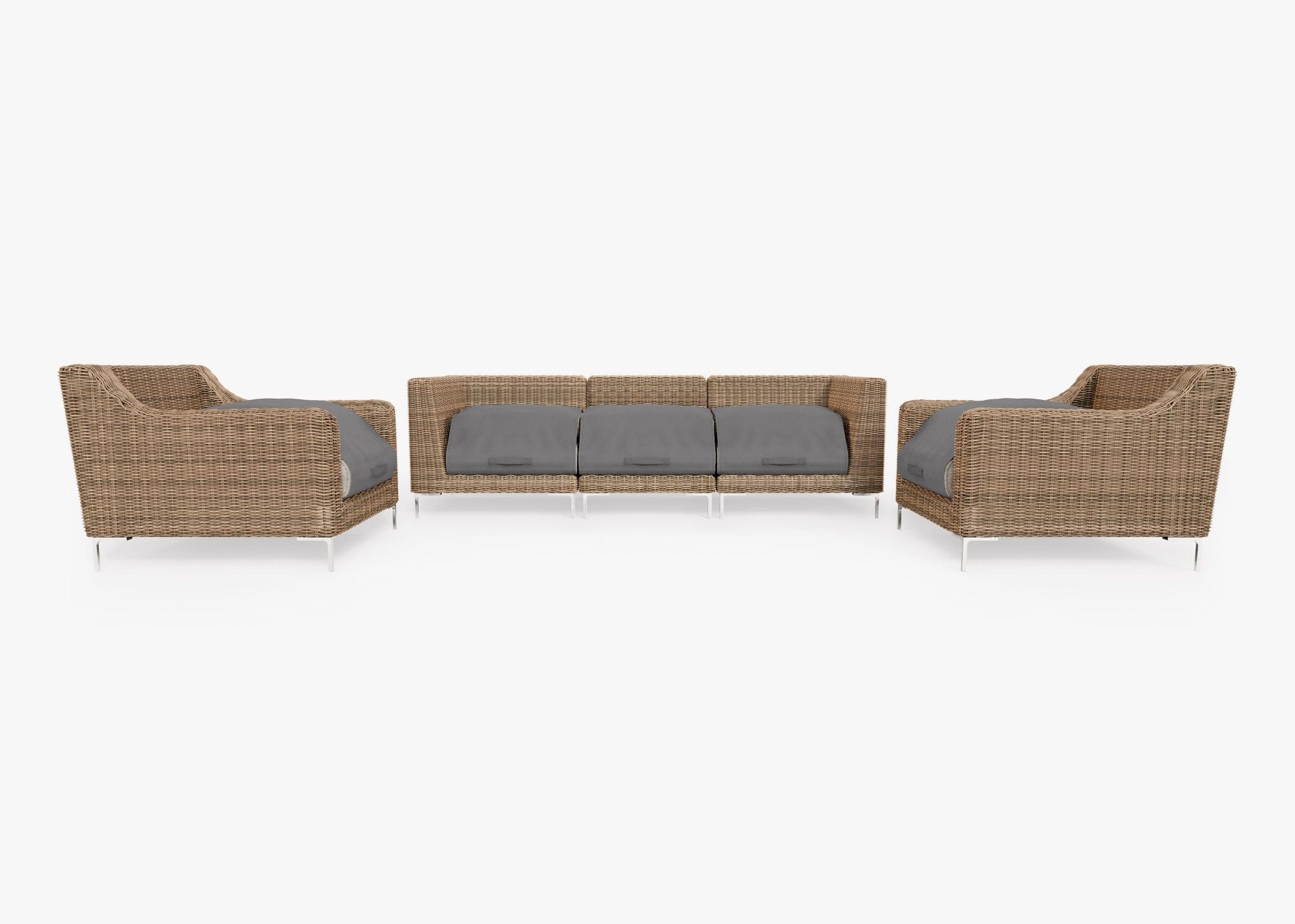 Brown Wicker Outdoor Sofa with Armchairs - 5 Seat shown with the OuterShell outdoor cushion cover, offering exclusive integrated protection. #color_pacific fog gray