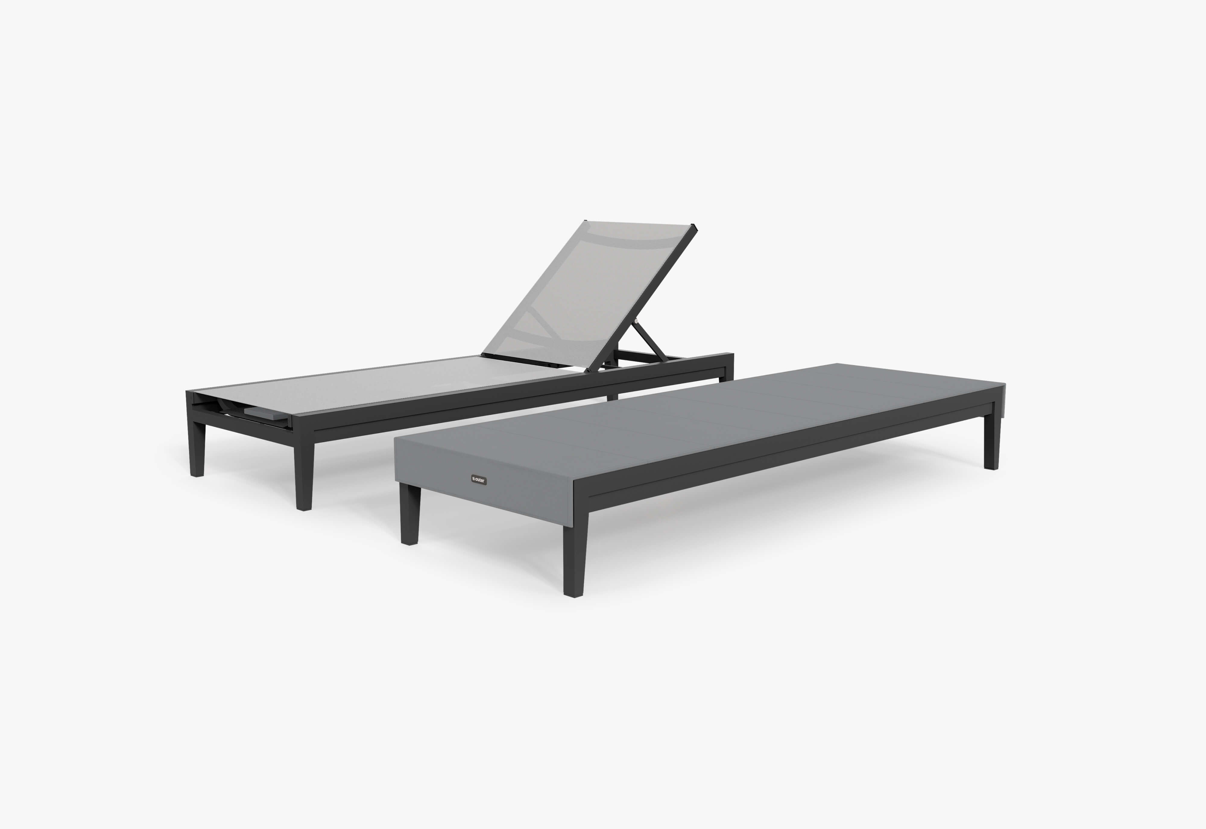 Two Charcoal Aluminum Chaise Lounges shown together, one with the OuterShell covering it. #color_charcoal
