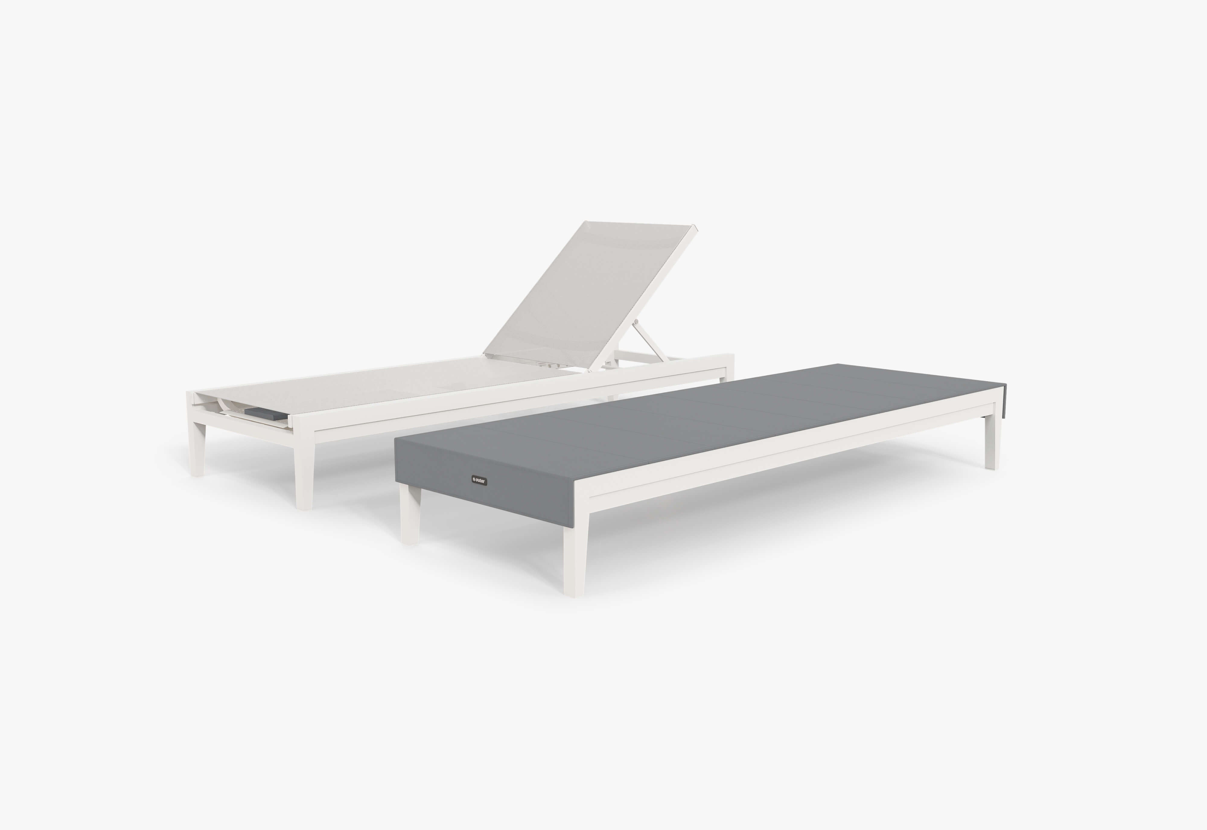 Two Charcoal Aluminum Chaise Lounges shown together, one with the OuterShell covering it. #chaise color_white