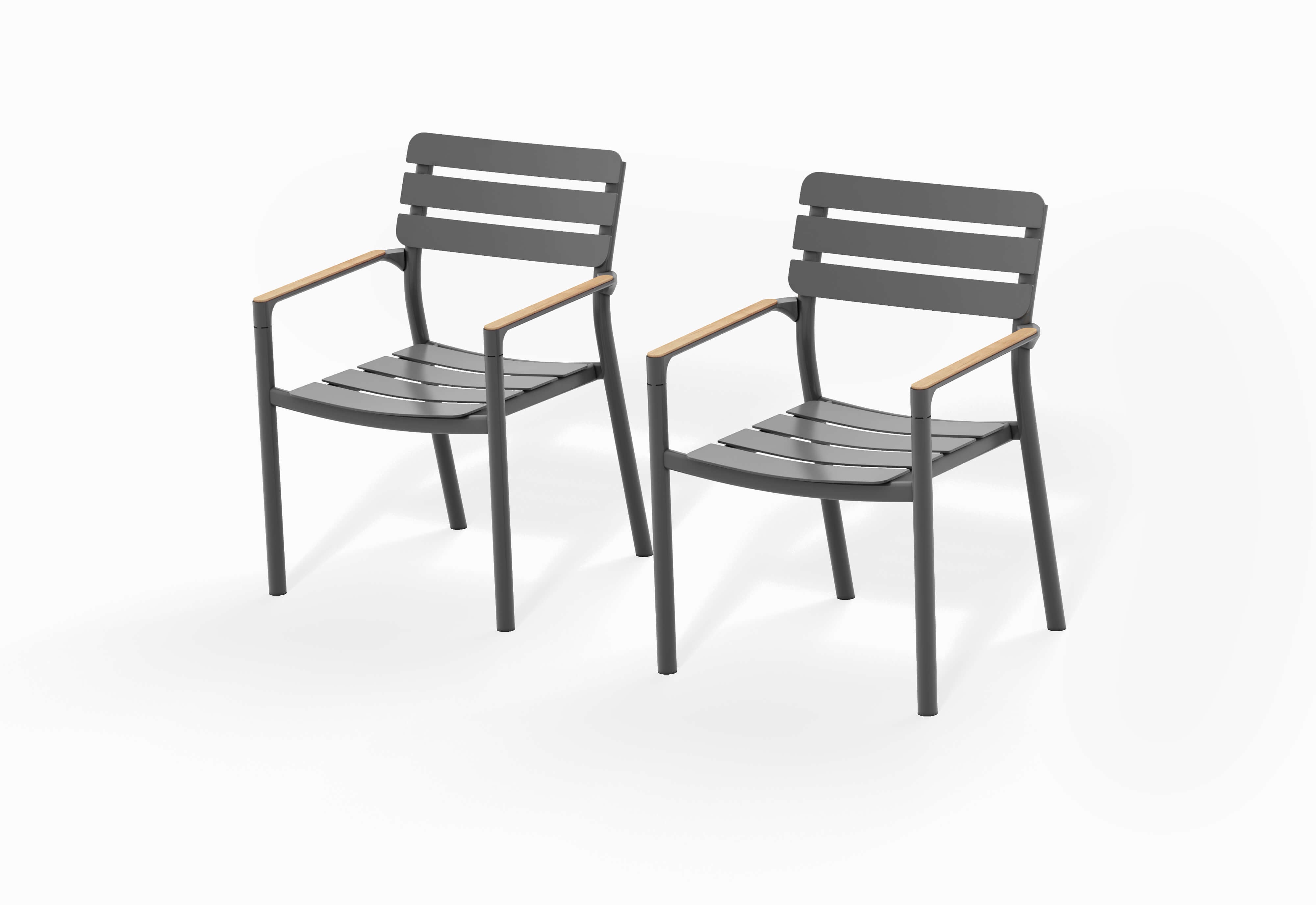 Angled view of two charcoal aluminum outdoor dining armchairs with wood-look armrests, shown as a pair on a white background