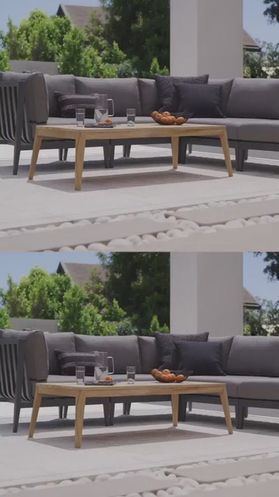 Video showing multiple Outer outdoor furniture layouts, fabrics, finishes, and seating styles, including sofas, lounge chairs, and sectional arrangements designed to fit different spaces and patio setups.
