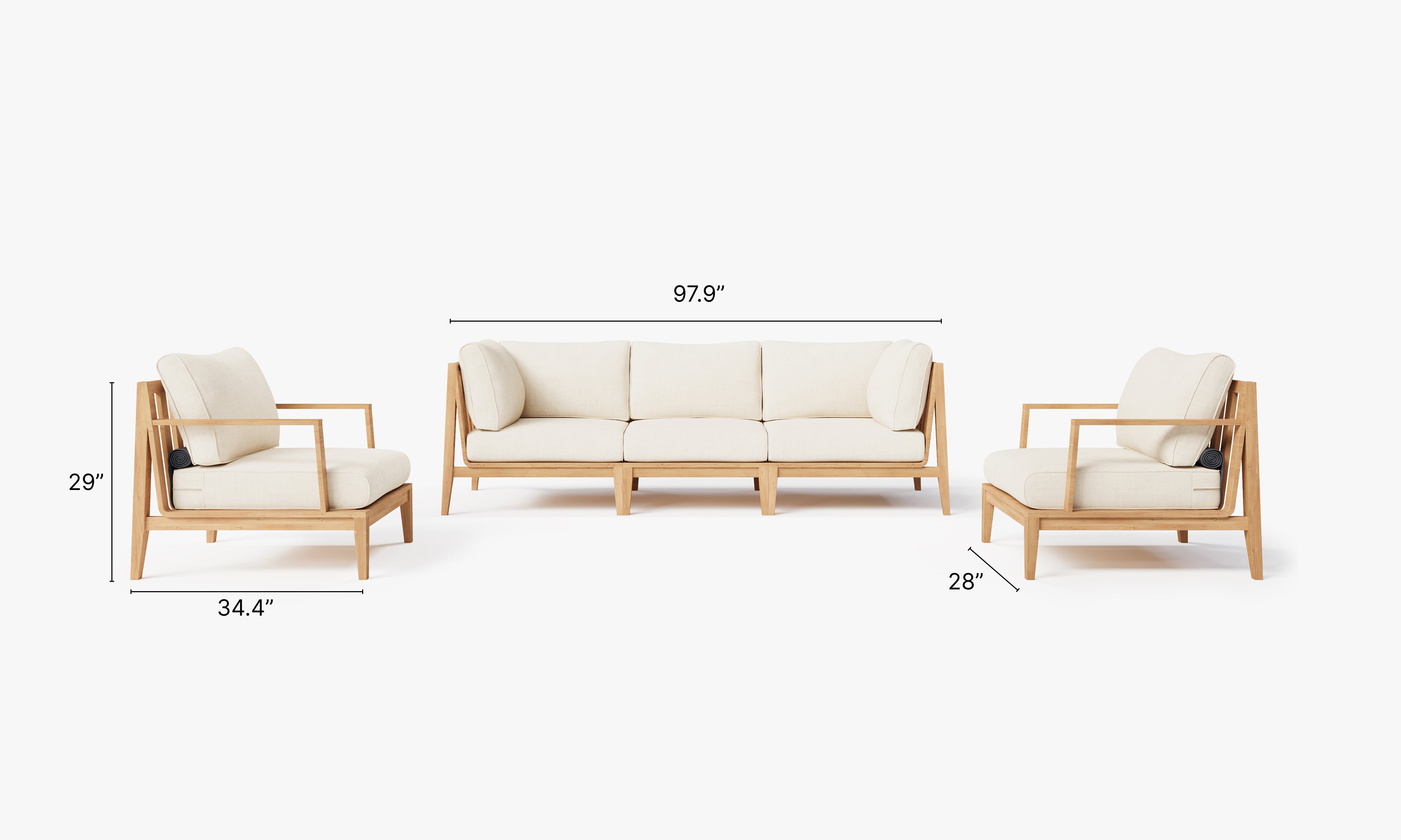 Teak outdoor sofa with matching armchairs featuring cream cushions arranged on a wooden deck.-teak outdoor sofa-outer #color_palisades cream