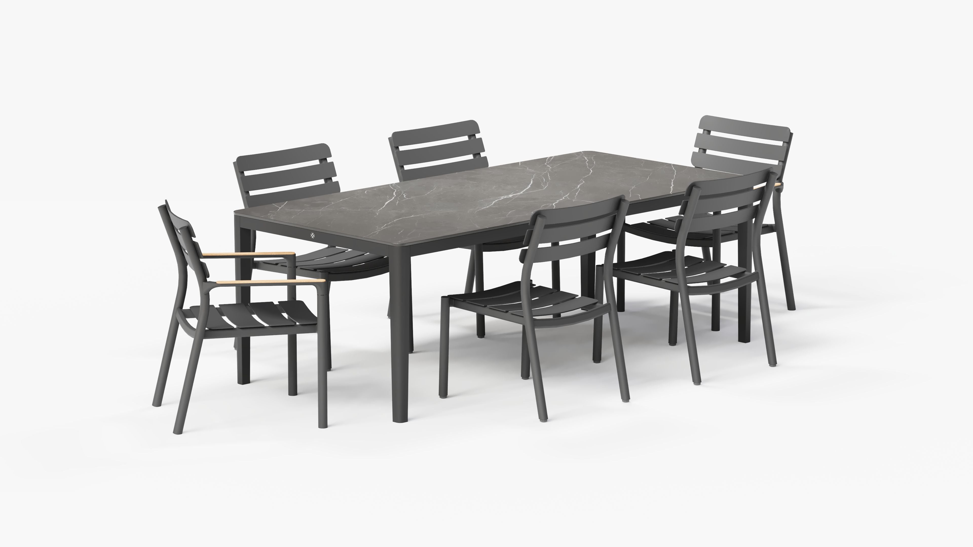 OuterStone Dining Table in Mineral Gray with 4 595 Armless Chairs and 2 595 Armchairs, 3/4 view. #color_mineral gray