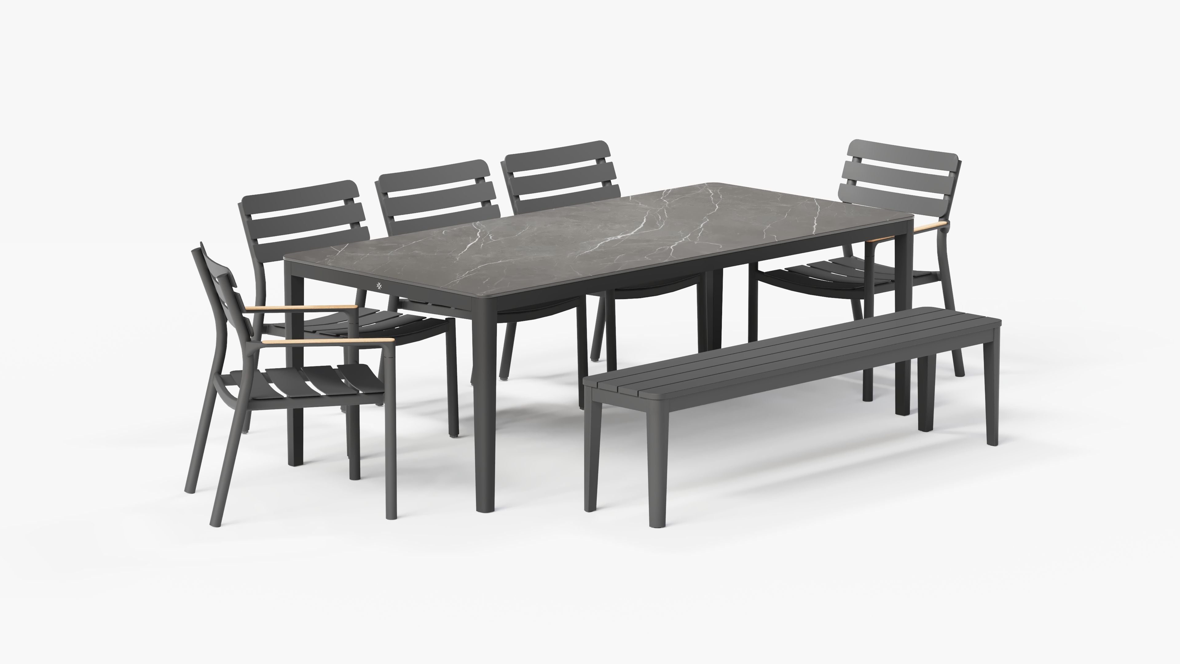 OuterStone Dining Table in Mineral Gray with 3 595 Armless Chairs, 2 595 Armchairs, and 1 bench, 3/4 view. #color_Mineral Gray