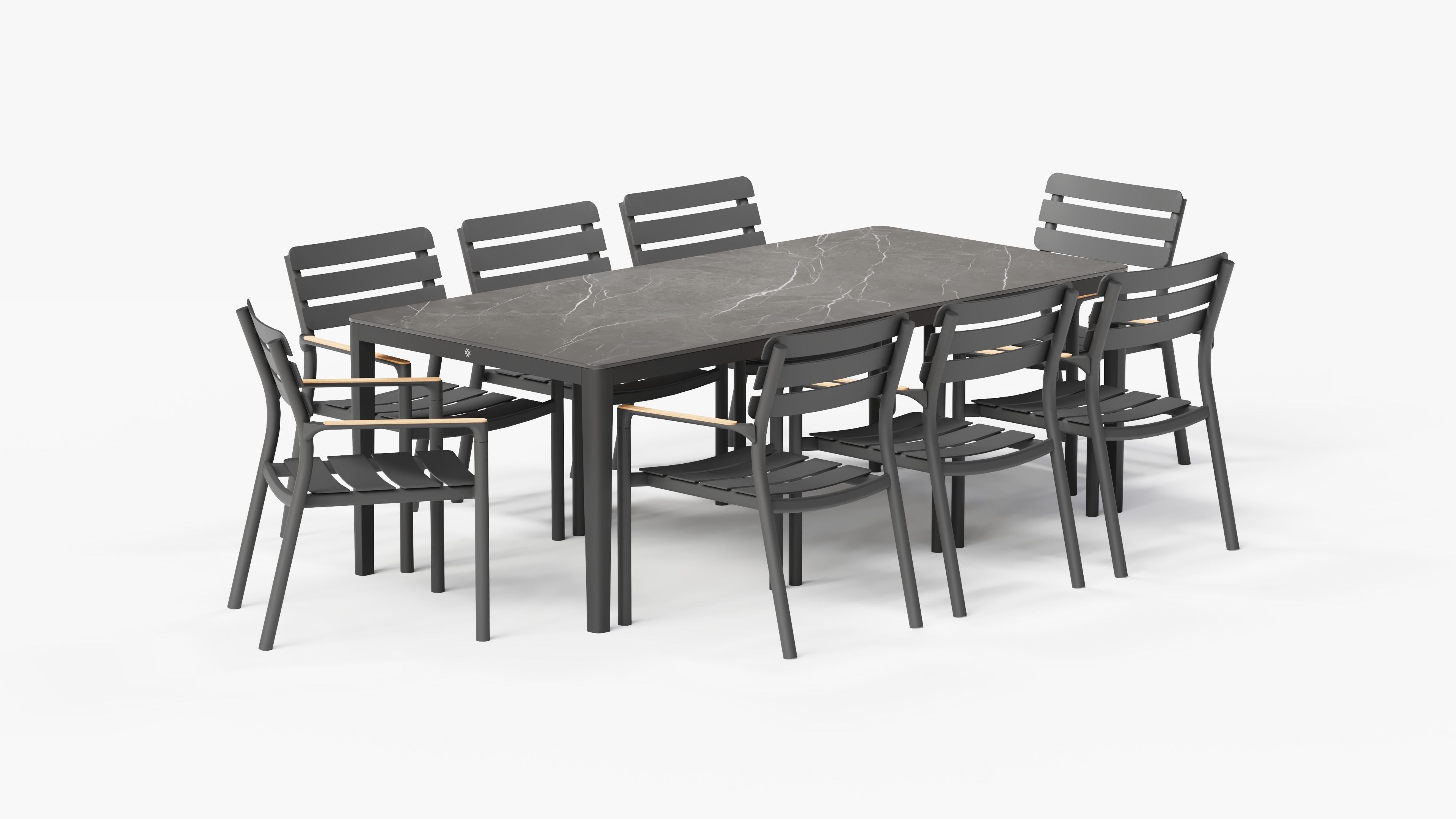 outer-outdoor dining set-Mineral Gray OuterStone® dining table with eight 595 armless chairs arranged on a modern patio for outdoor entertaining #color_Mineral Gray