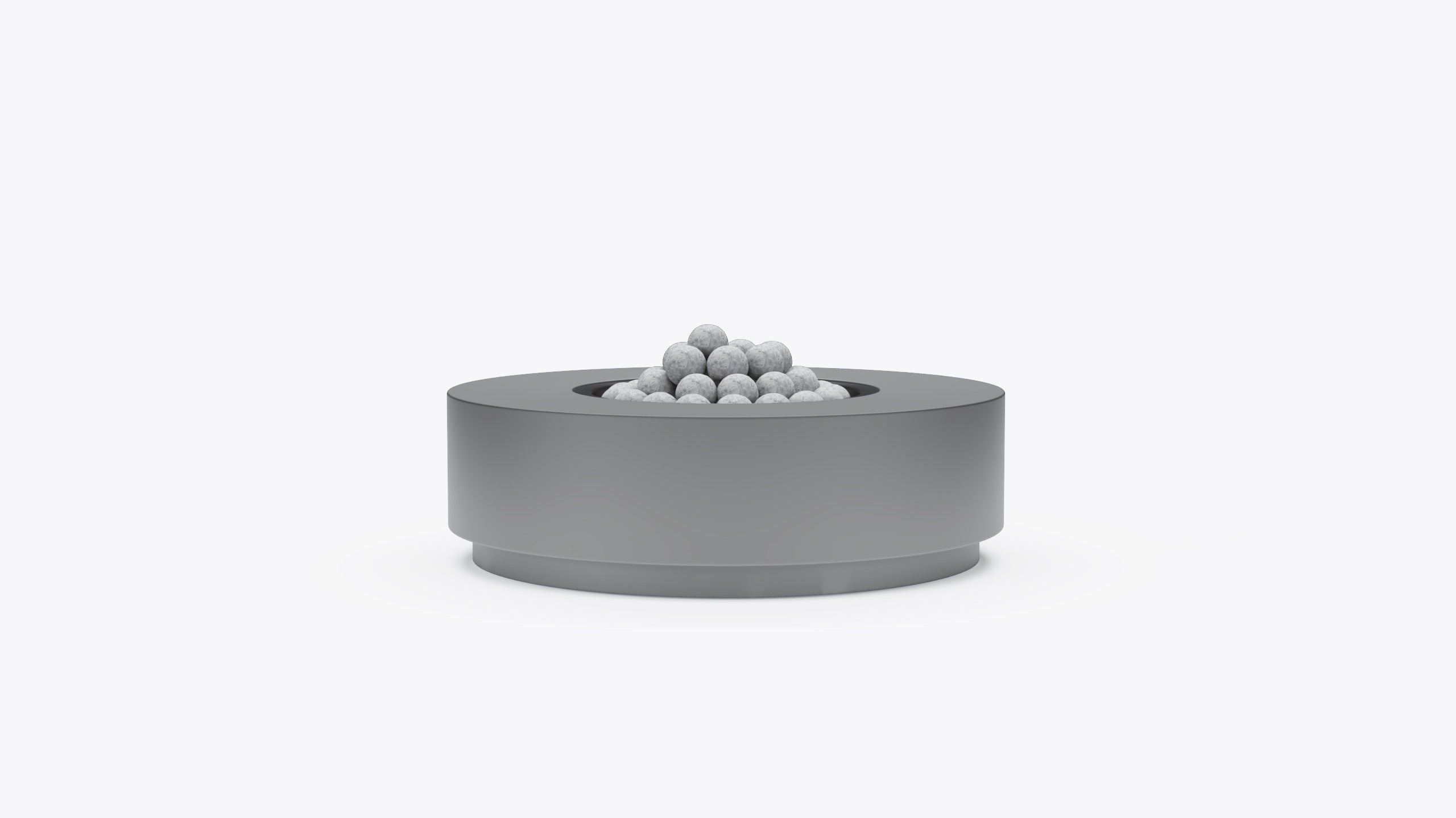 Outer round fire pit table in gray finish with lava rocks, front view