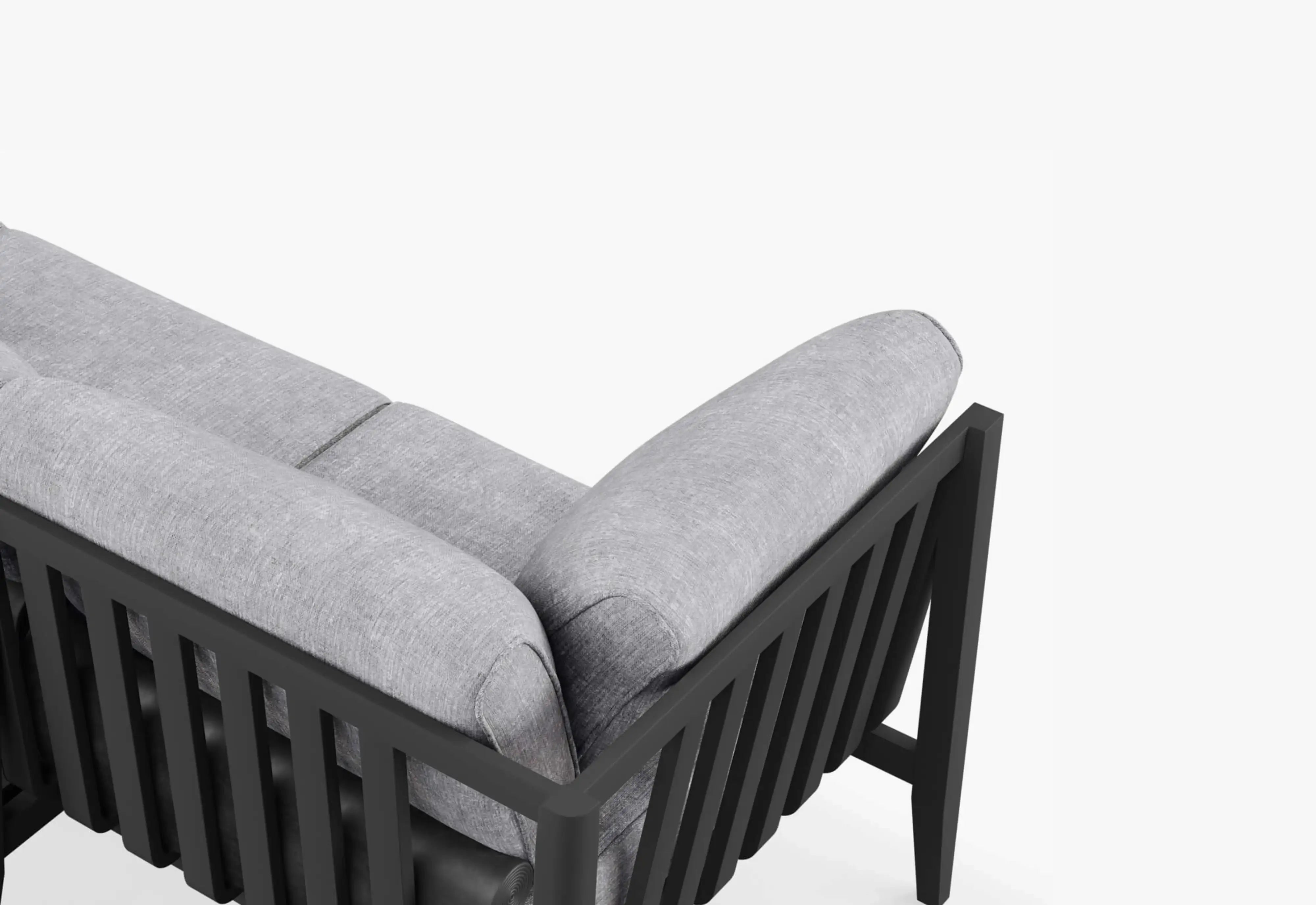 Close-up of Outer aluminum outdoor sofa showing armrest and cushion on a white background