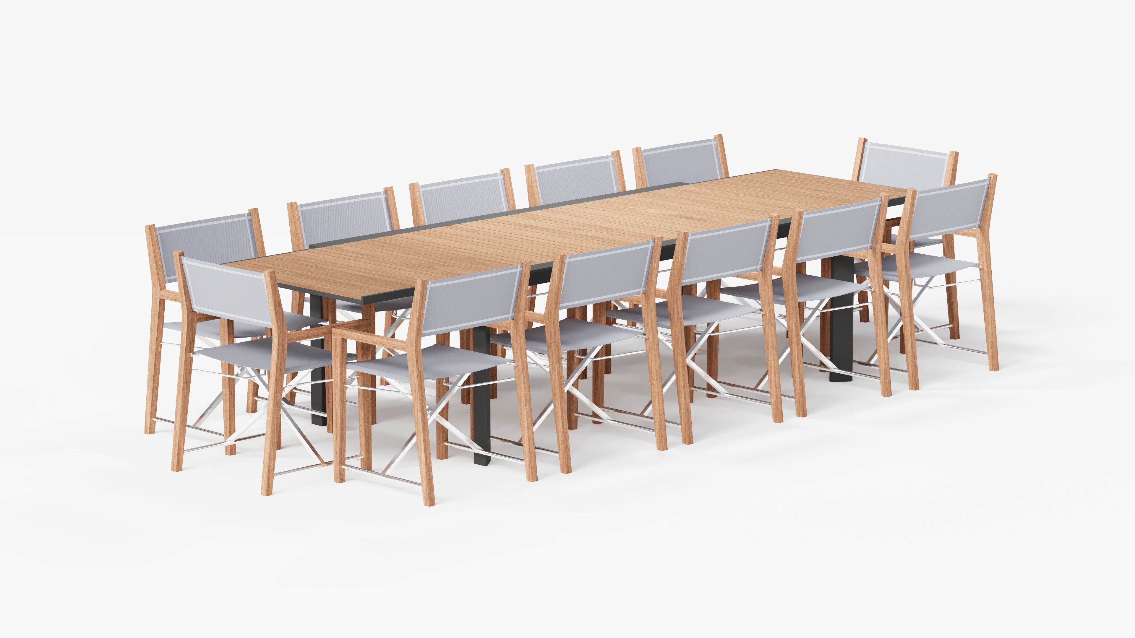 Teak and Aluminum Dining Table with 12 Teak Director's Chairs, 3/4 view. #color_gray