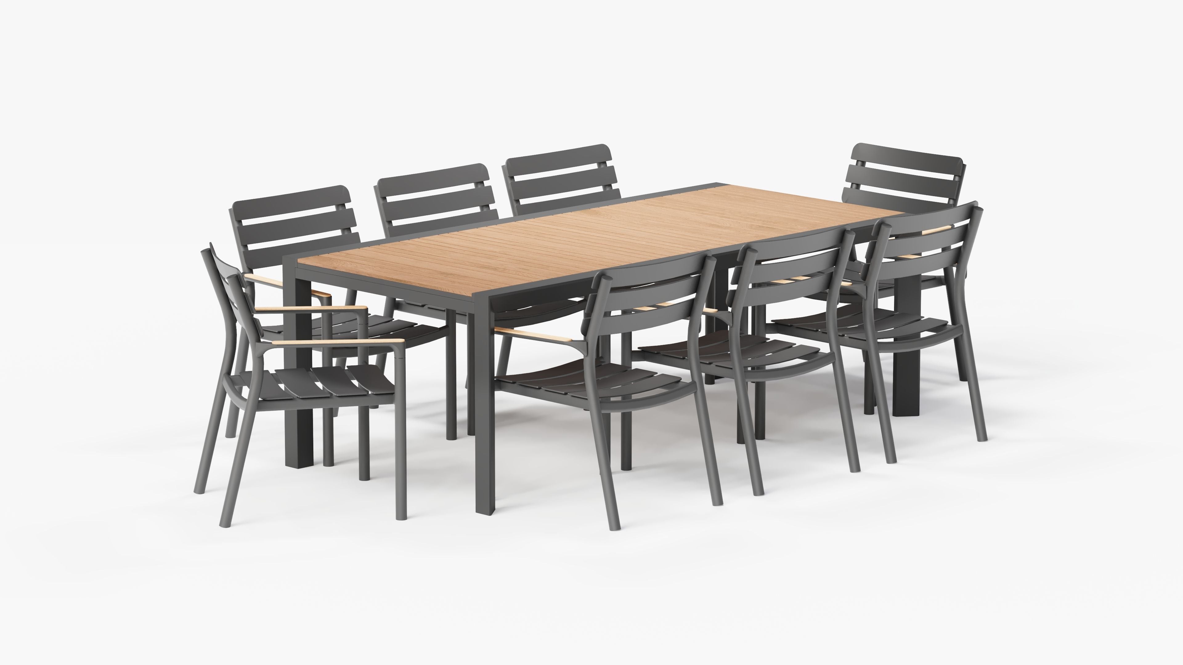 Teak and Aluminum Expandable Dining Table with 8 595 Armchairs, 3/4 view. #color_charcoal