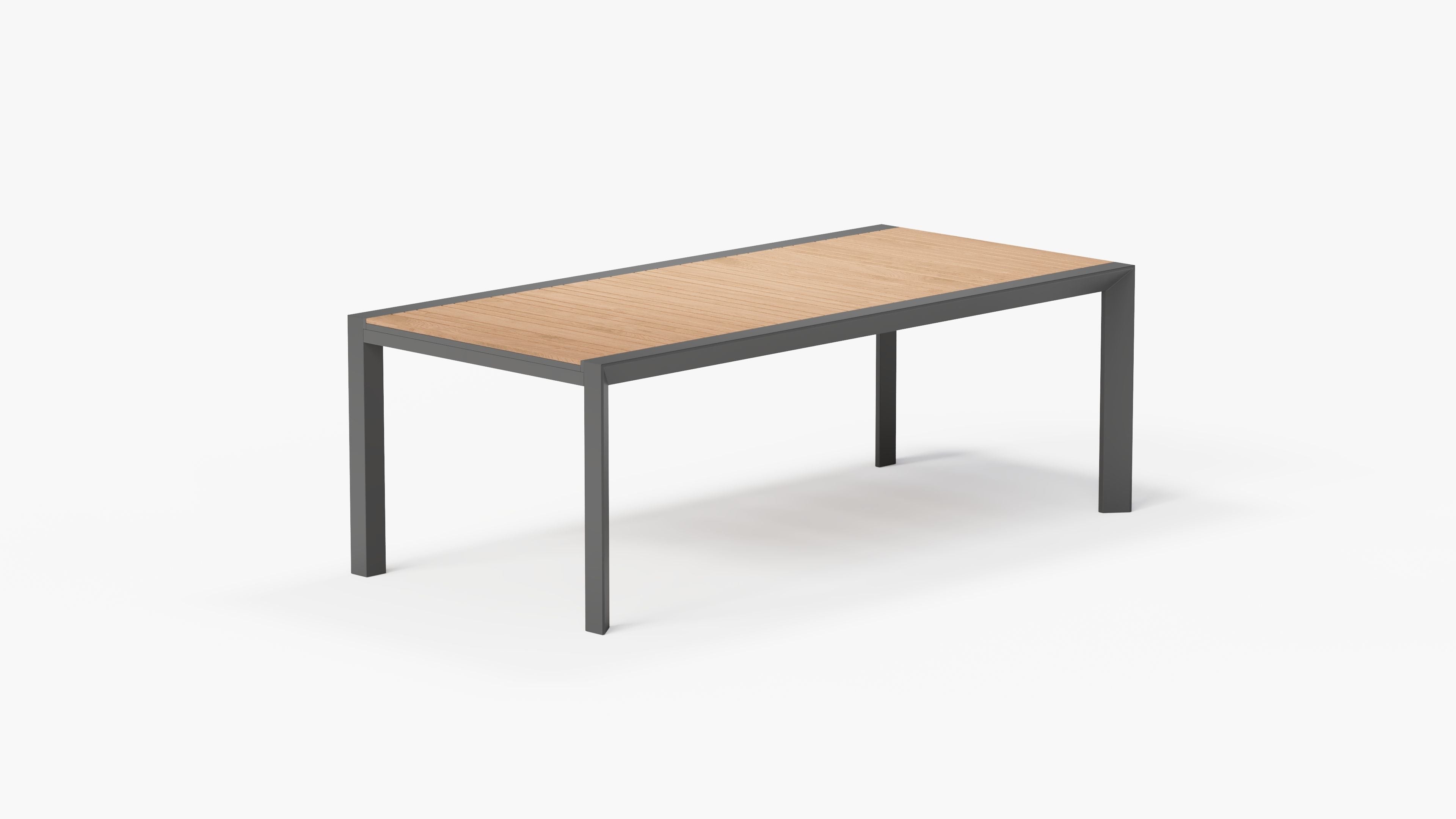 outer-dining table-Charcoal aluminum frame with teak slatted tabletop shown in a clean studio setting