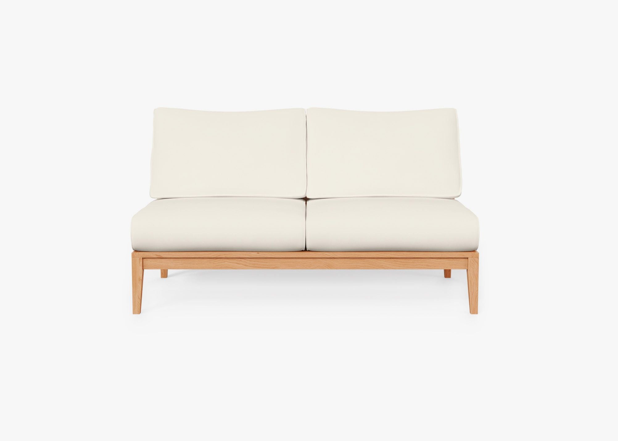 Teak outdoor armless loveseat with cream cushions, featuring a sturdy wooden frame and minimalist design.-teak outdoor sofa-outer #color_palisades cream