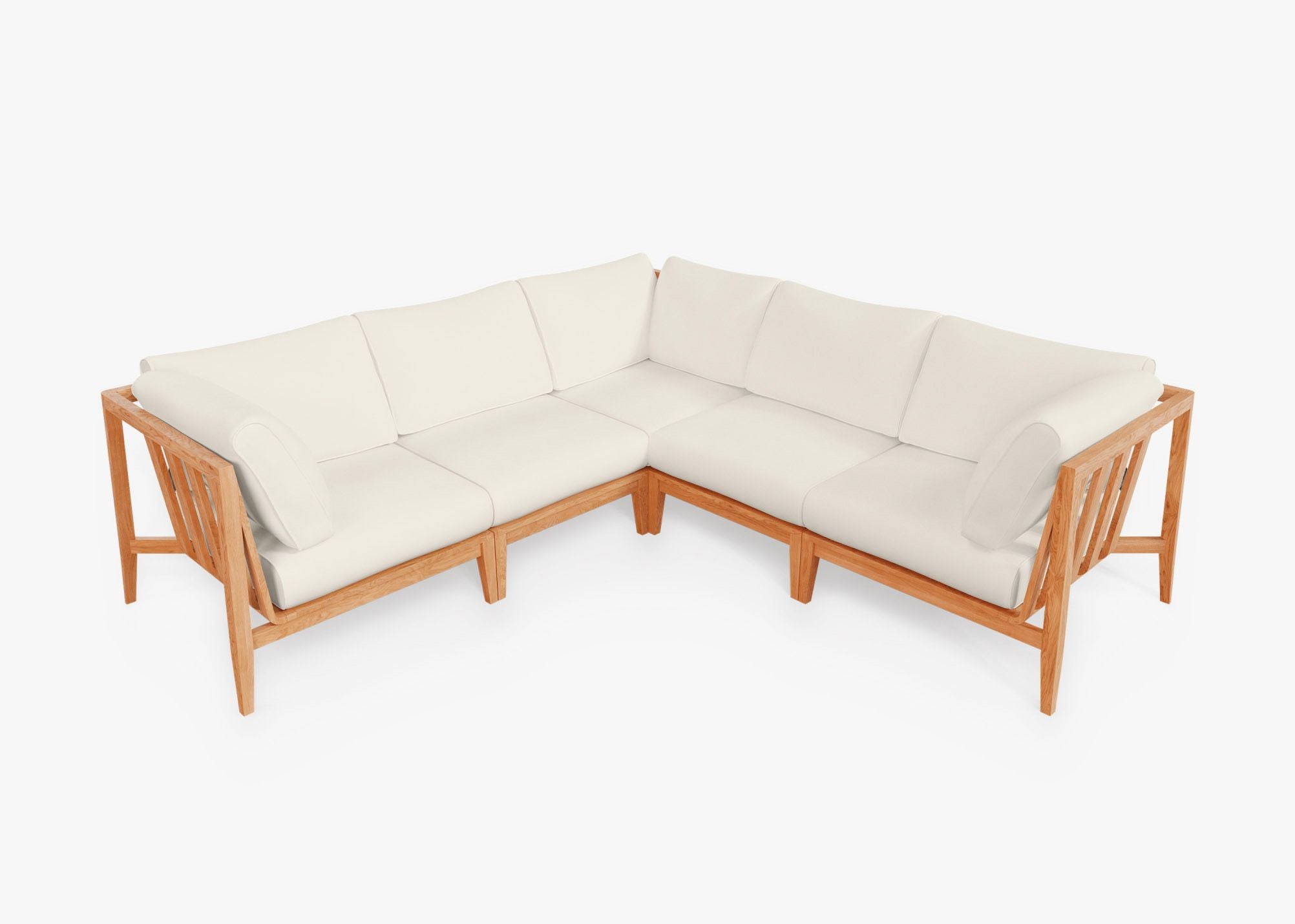 Teak outdoor corner sectional sofa with 5 cream cushions arranged in an L-shape.-teak outdoor sofa-outer #color_palisades cream