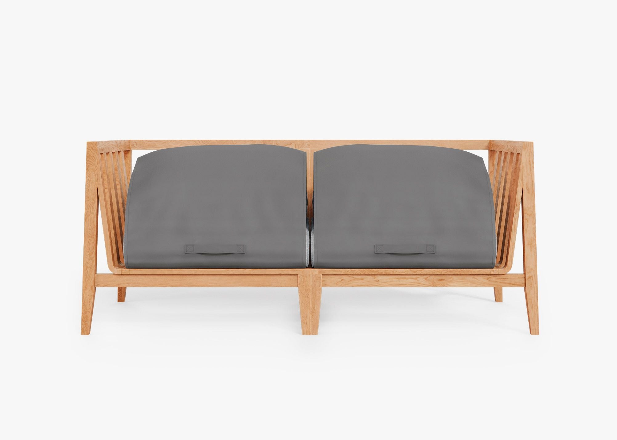 Teak outdoor loveseat with gray cushions and sturdy wooden frame, designed for comfortable outdoor seating.-teak outdoor sofa-outer #color_pacific fog gray