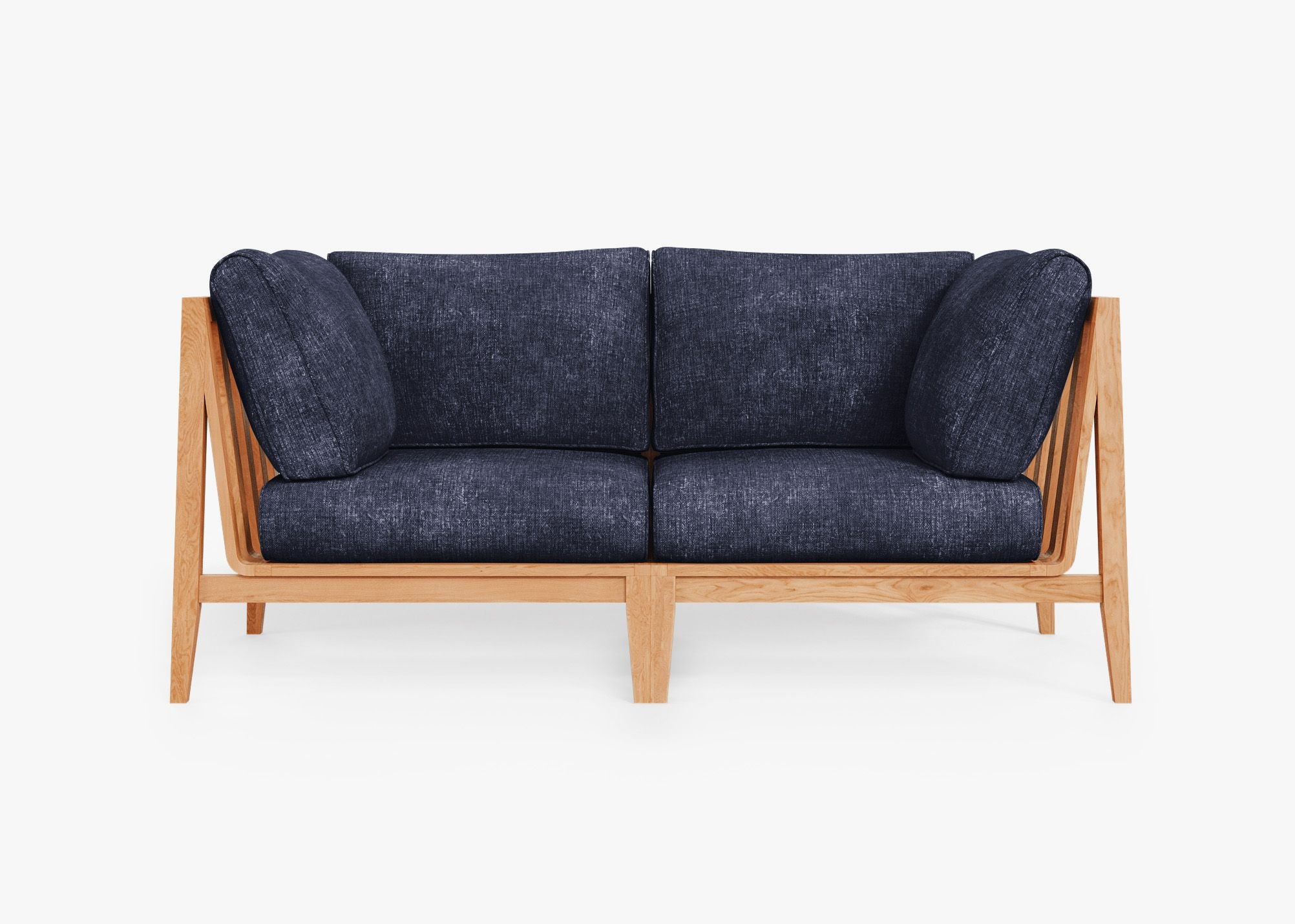 Teak outdoor loveseat with navy blue cushions, featuring a sturdy wooden frame and slatted design, ideal for patio or garden seating.-teak outdoor sofa-outer #color_deep sea navy