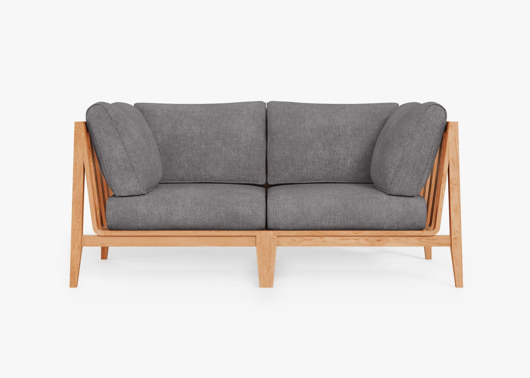 Teak outdoor loveseat featuring a sturdy wooden frame with a natural finish, cushioned seat and backrest in a light pebble color, designed for comfortable outdoor seating.-teak outdoor sofa-outer #color_dark pebble gray