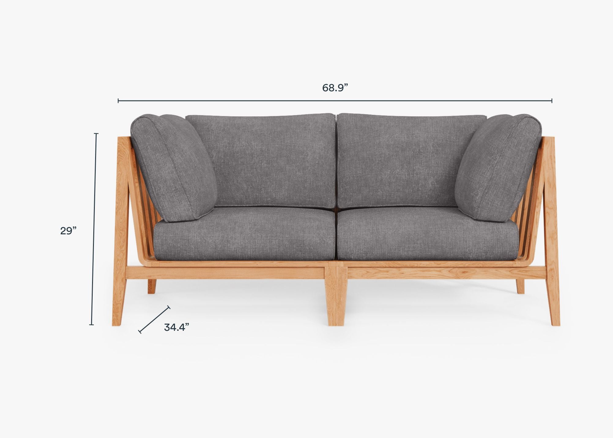 Teak outdoor loveseat with white aluminum frame and dark pebble gray cushions, designed for comfortable outdoor seating.-teak outdoor sofa-outer #color_dark pebble gray