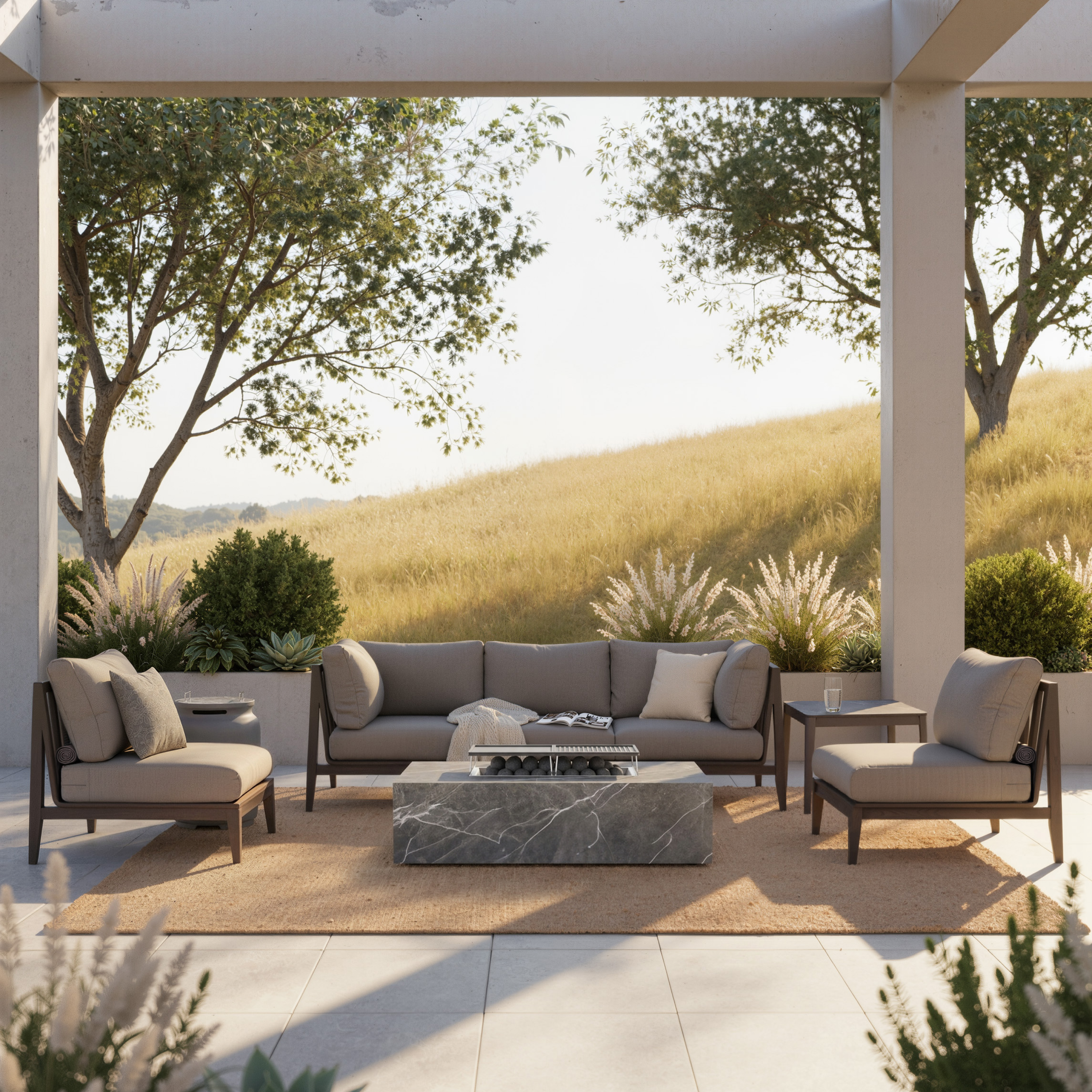 Aluminum 5-seat outdoor seating set with an armless chair and gray cushions on a covered patio