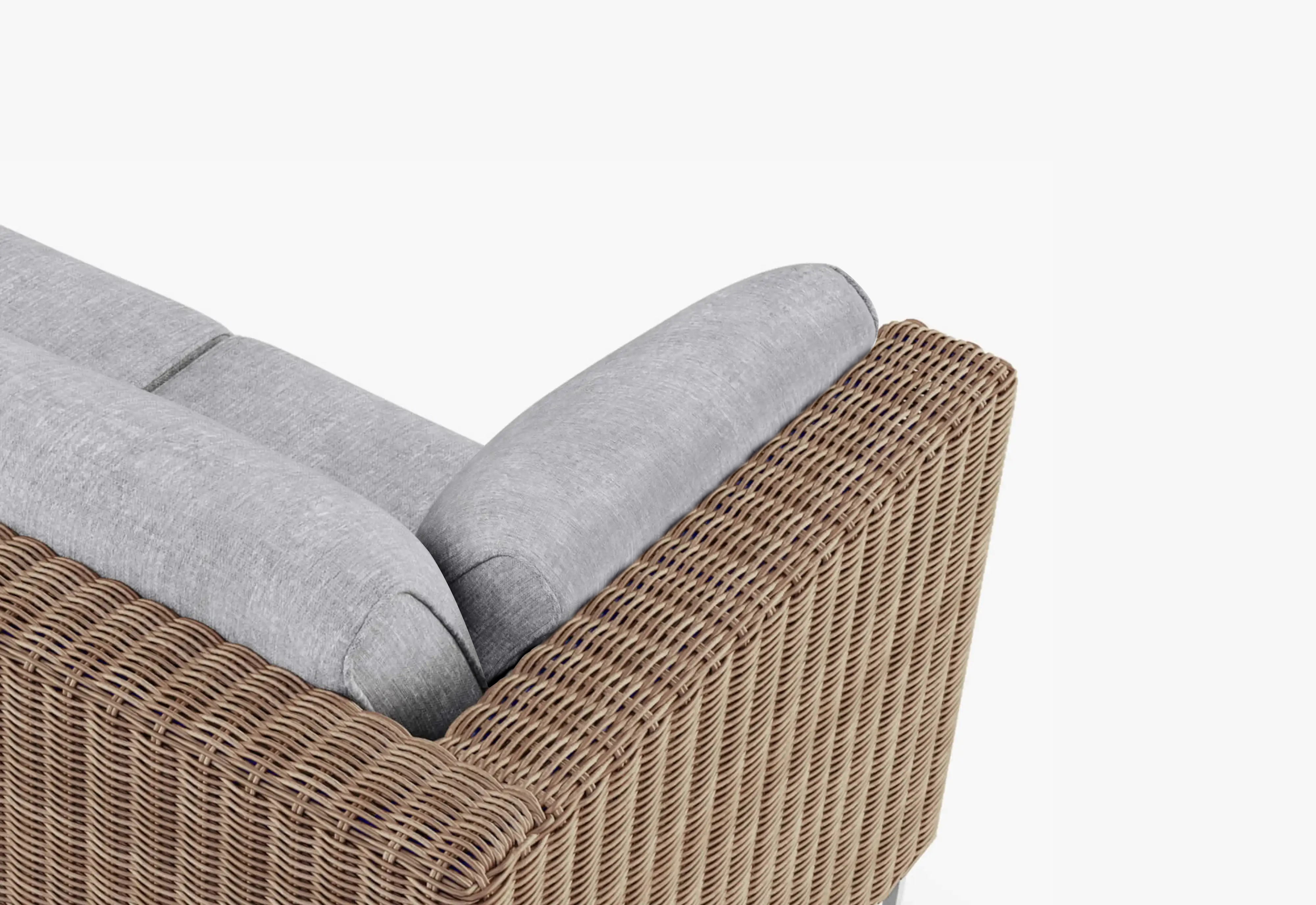Outer brown wicker outdoor sofa, close-up detail of woven rattan frame and light gray cushions, premium outdoor furniture texture focus, clean white studio background, minimalist product photography, soft even lighting, high-end catalog style