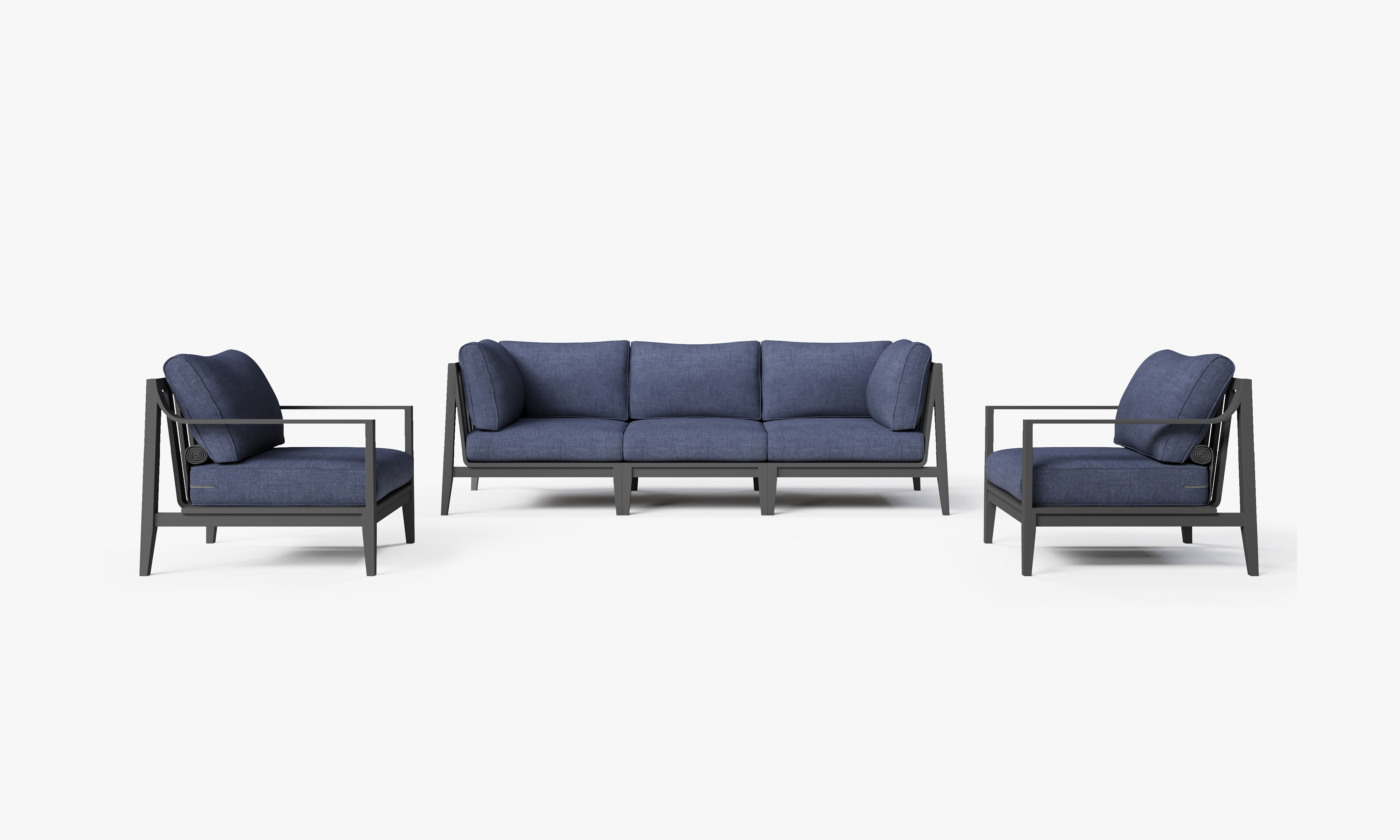 Charcoal Aluminum Outdoor Sofa with Armchairs - 5 Seat, front. Comfortable, durable, and weather resistant outdoor seating with memory foam. #color_deep sea navy