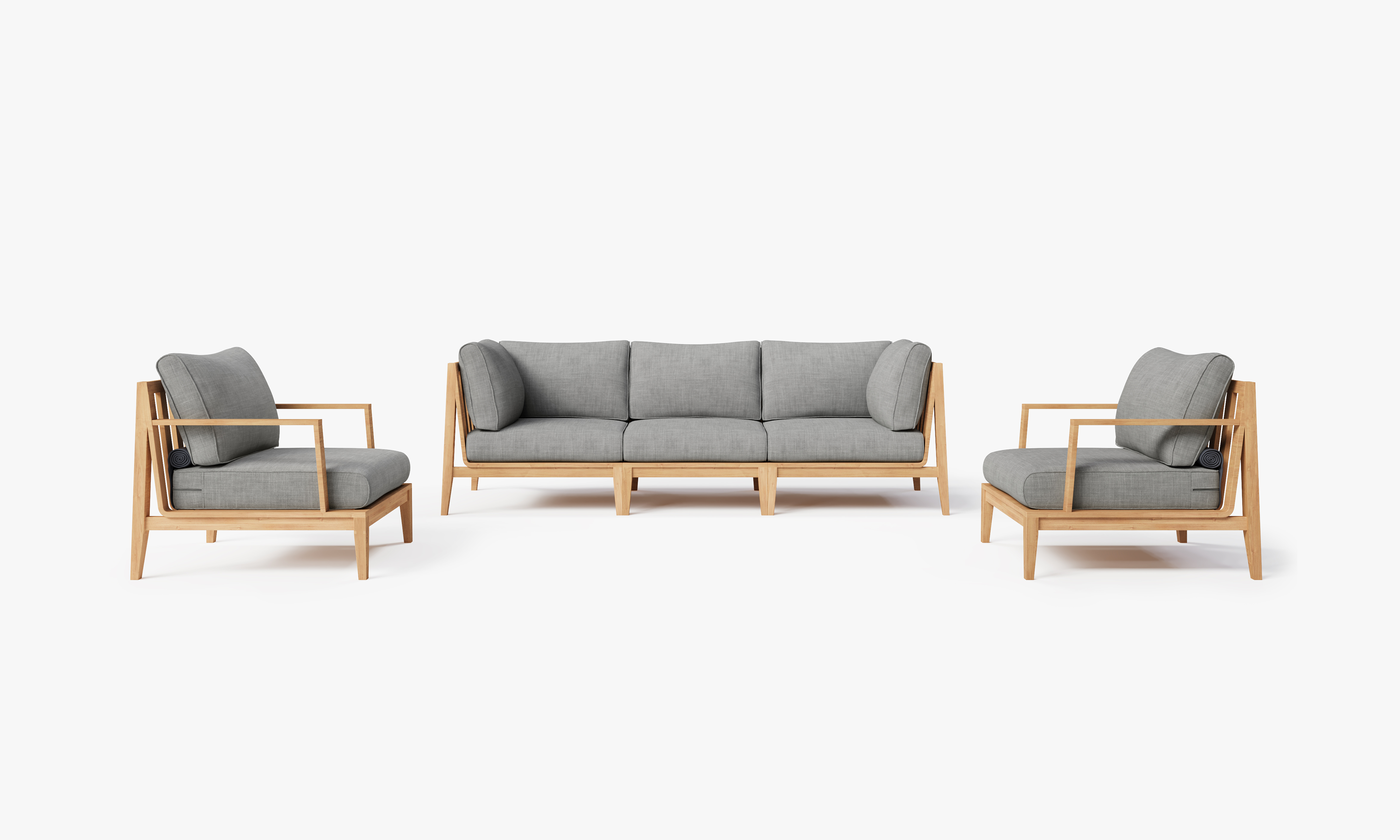 Teak outdoor sofa with matching armchairs, featuring gray cushions and a five-seat arrangement on a wooden deck.-teak outdoor sofa-outer #color_pacific fog gray