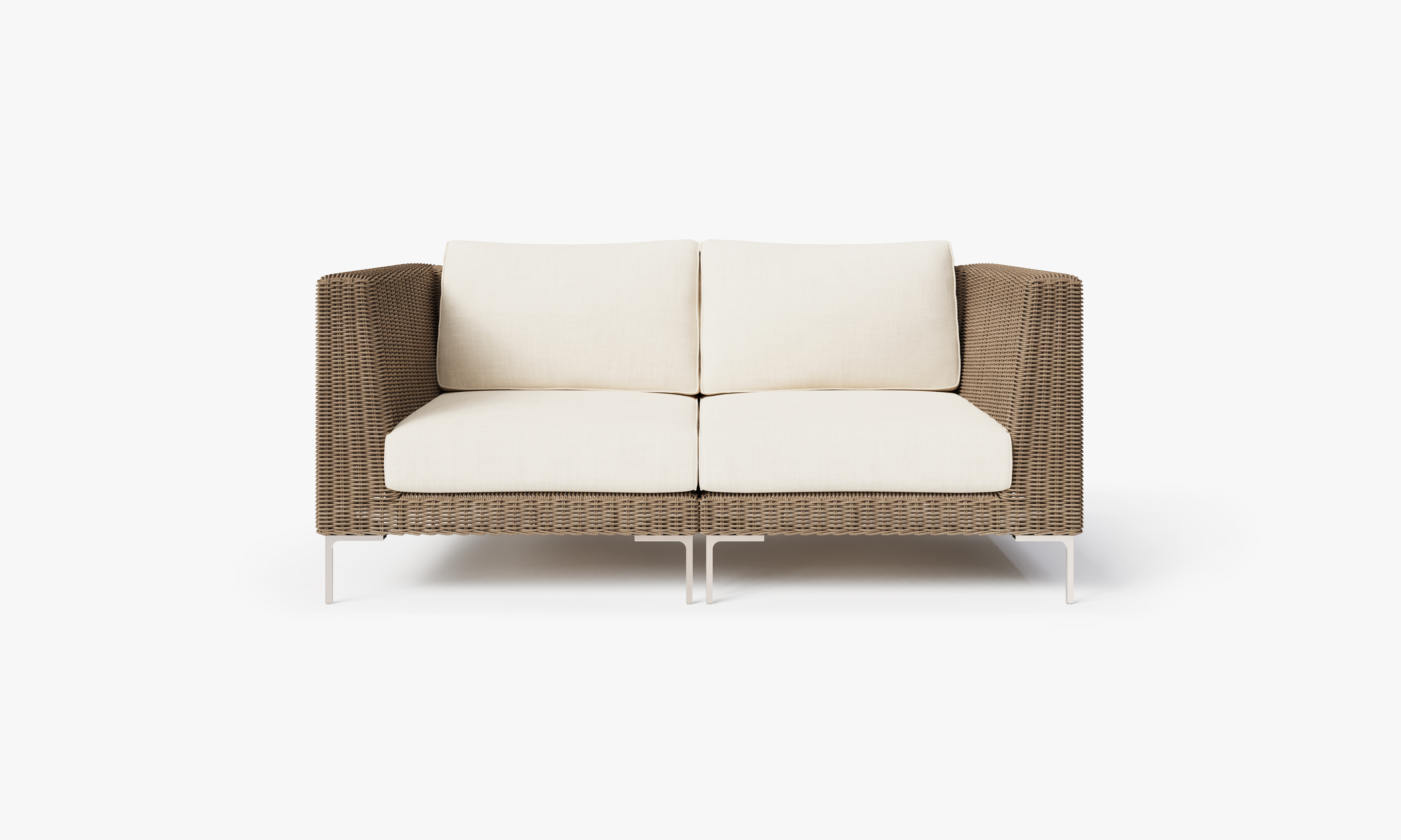 Brown Wicker Outdoor Loveseat, front. Comfortable, durable, and weather resistant outdoor seating with memory foam. #color_palisades cream
