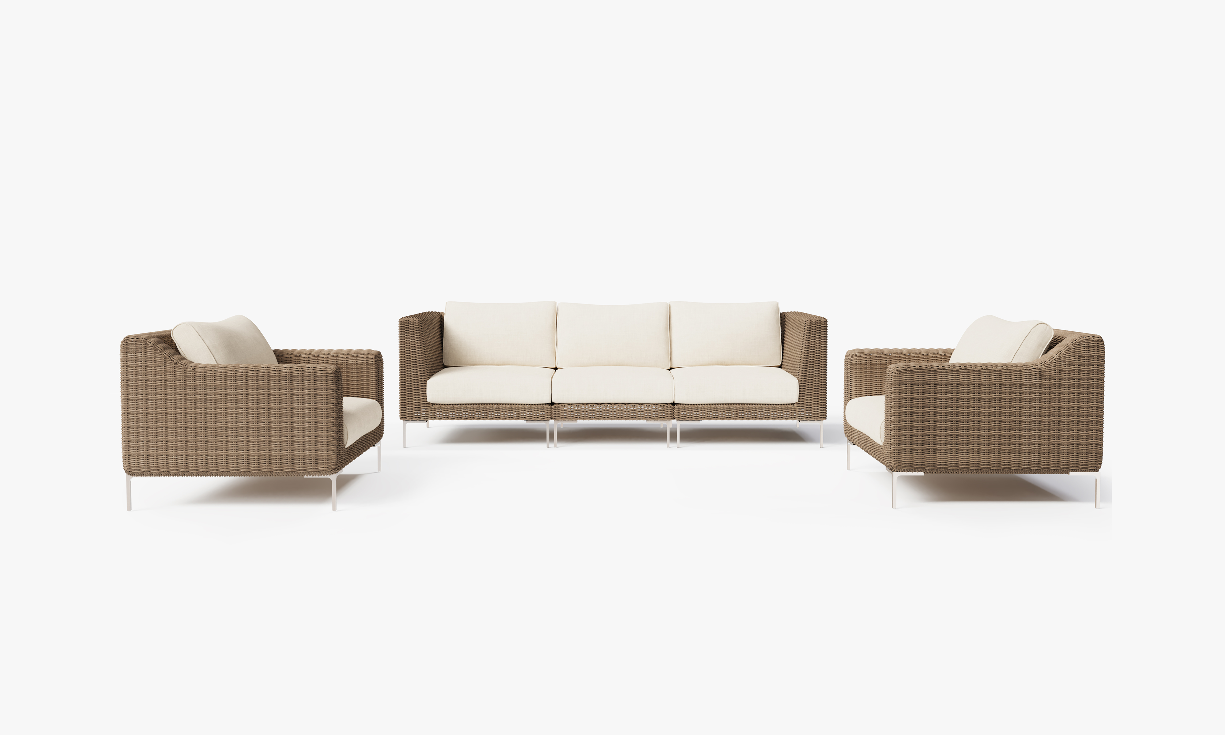 Brown Wicker Outdoor Sofa with Armchairs - 5 Seat, front. Comfortable, durable, and weather resistant outdoor seating with memory foam. #color_palisades cream