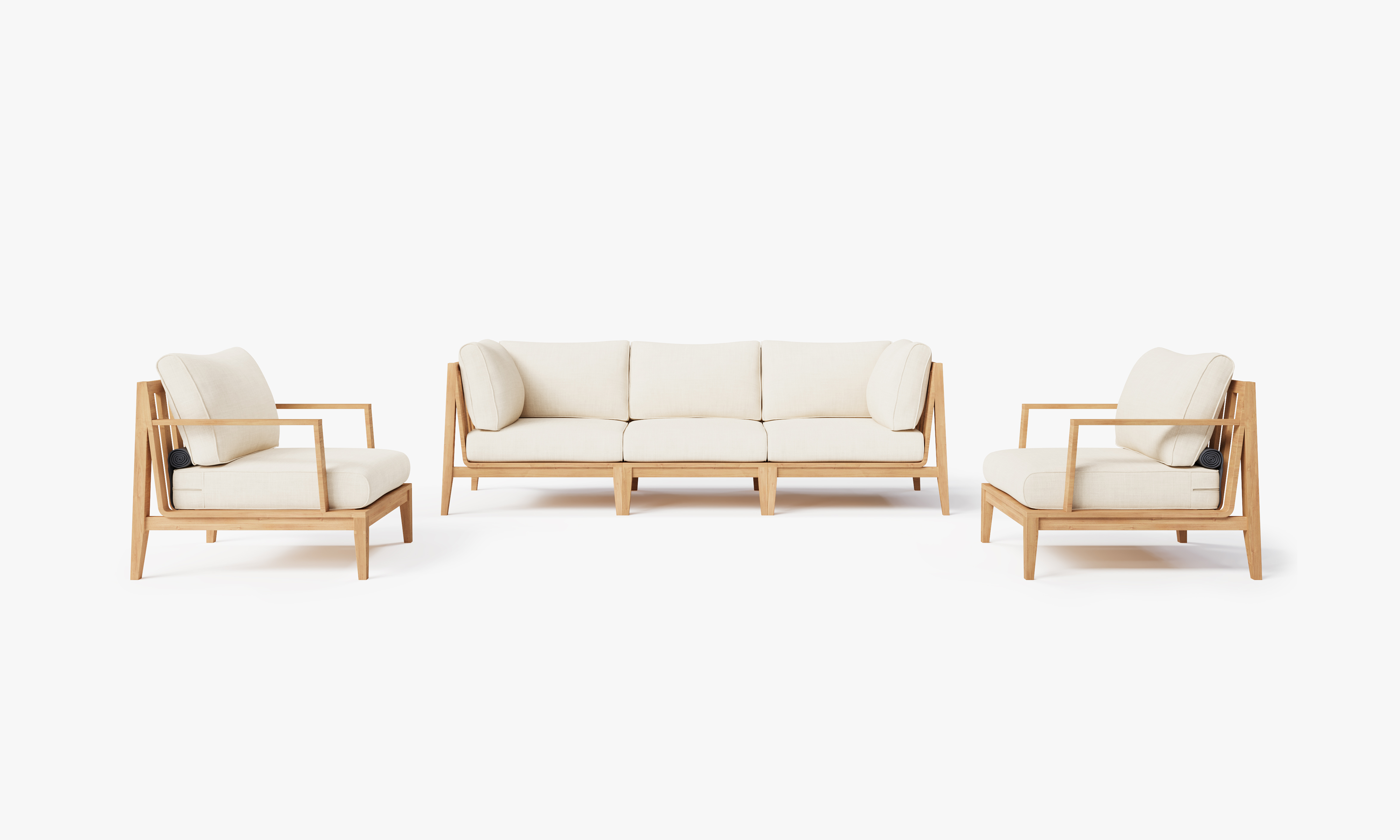 Teak outdoor sofa with matching armchairs, featuring cream cushions and a five-seat arrangement on a wooden deck.-teak outdoor sofa-outer #color_palisades cream