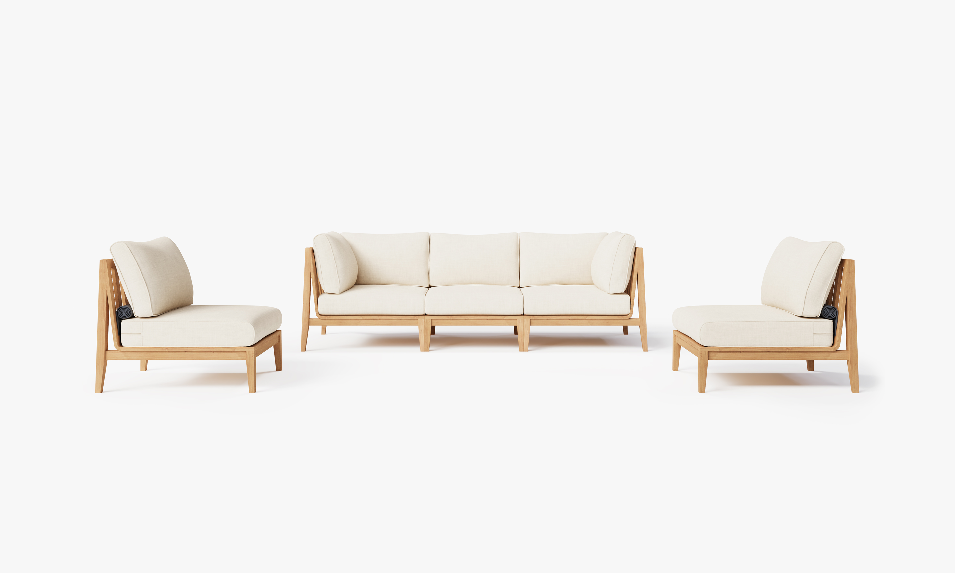 Teak outdoor sofa with cream cushions, featuring an armless design and accompanied by matching armless chairs, set on a wooden deck.-teak outdoor sofa-outer #color_palisades cream