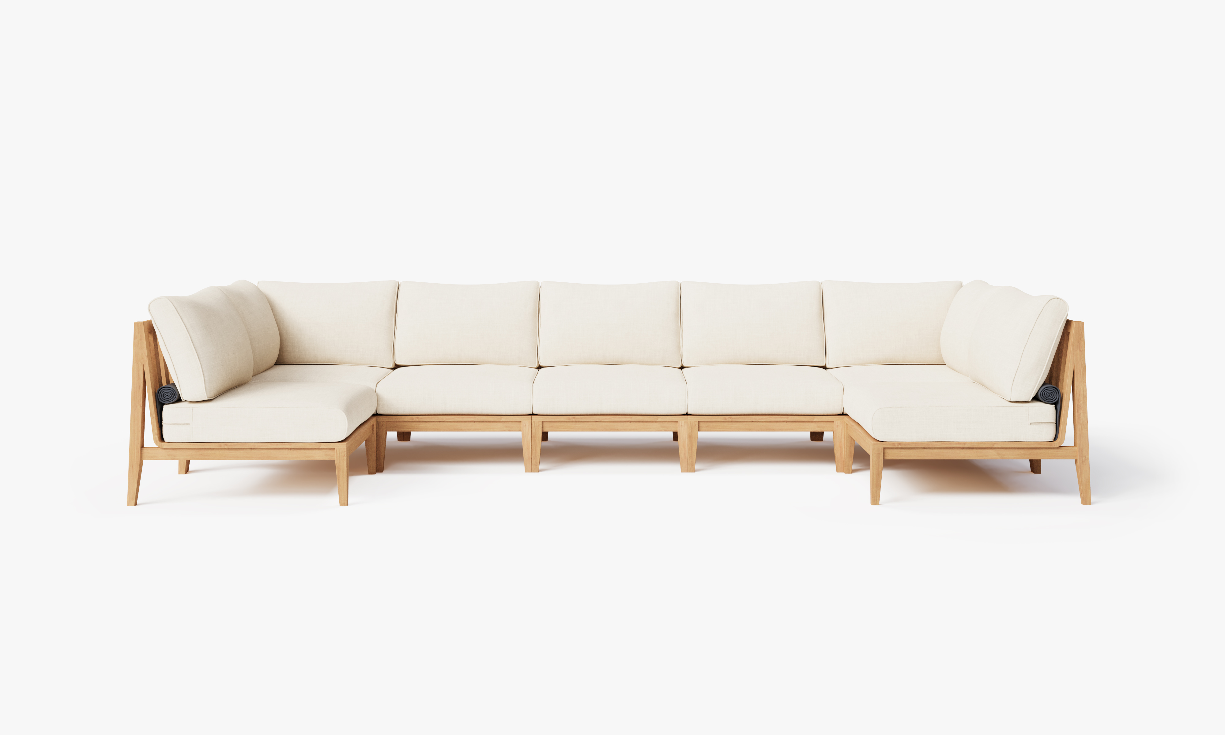 Teak outdoor U sectional sofa with 7 cream cushions arranged in a spacious seating layout.-teak outdoor sofa-outer #color_palisades cream